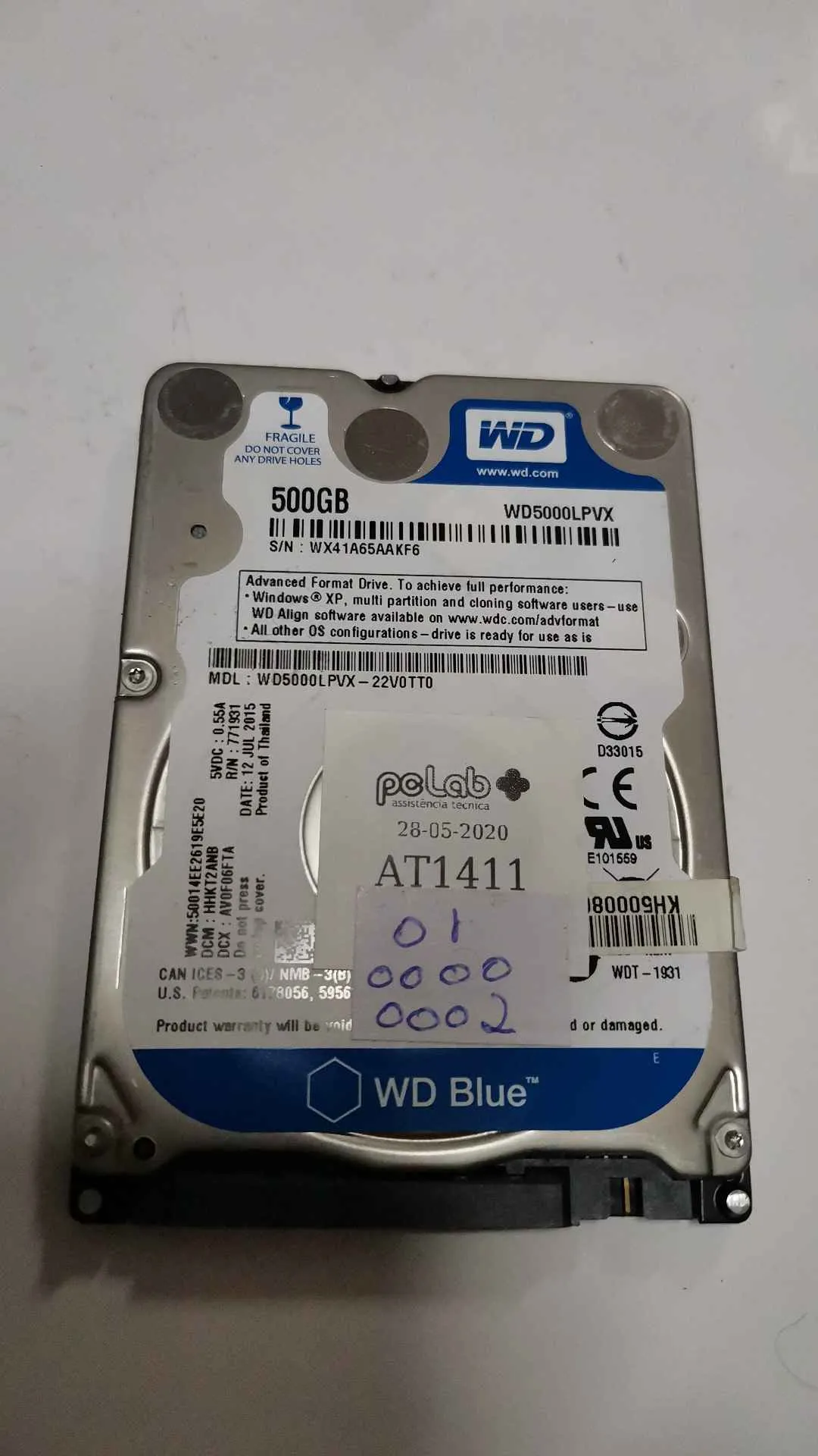 Western Digital WD5000LPVX-22V0TT0 S/N WX41A65AAKF6