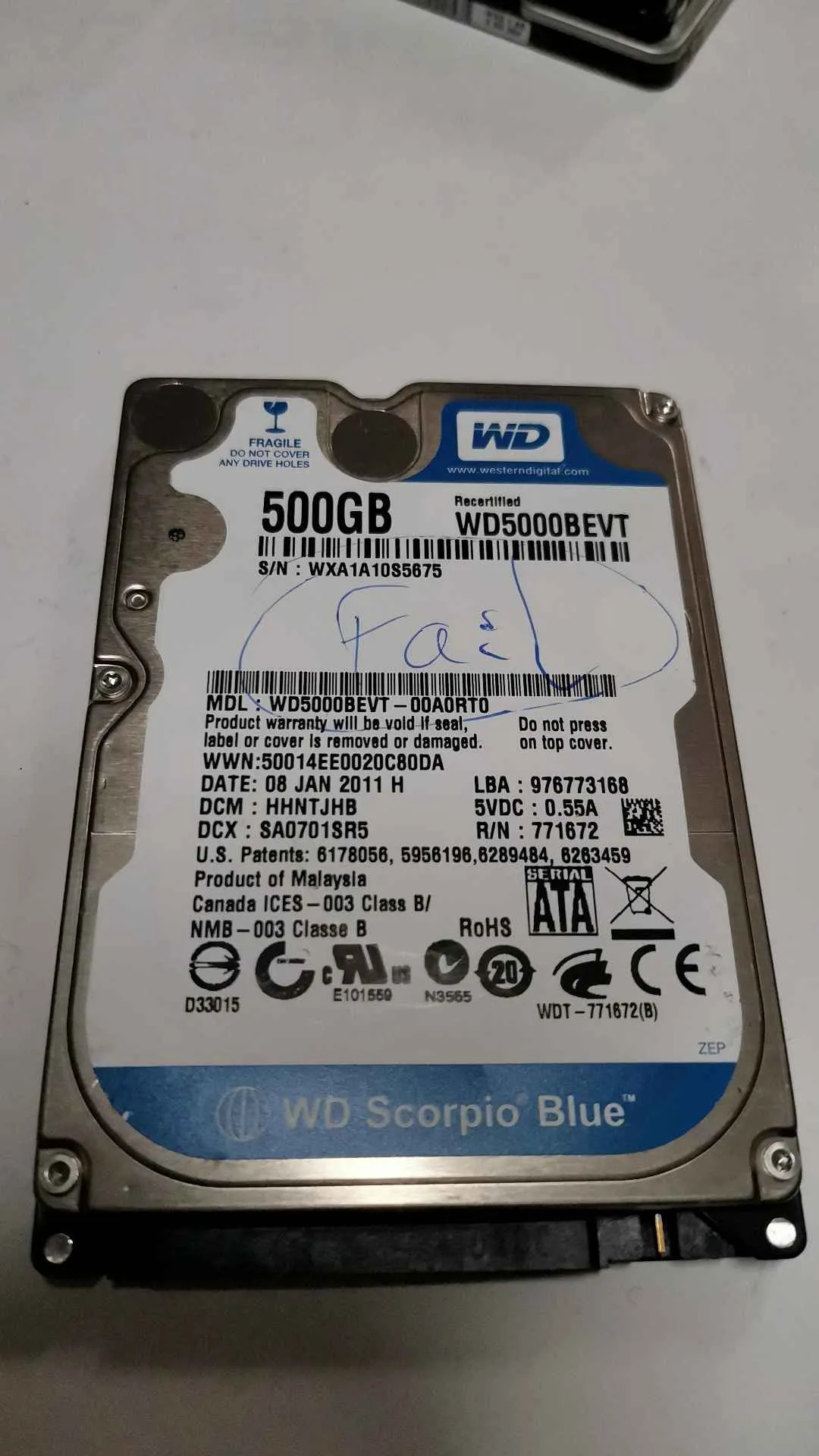 Western Digital WD5000BEVT-00A0RT0 S/N WXA1A10S5675