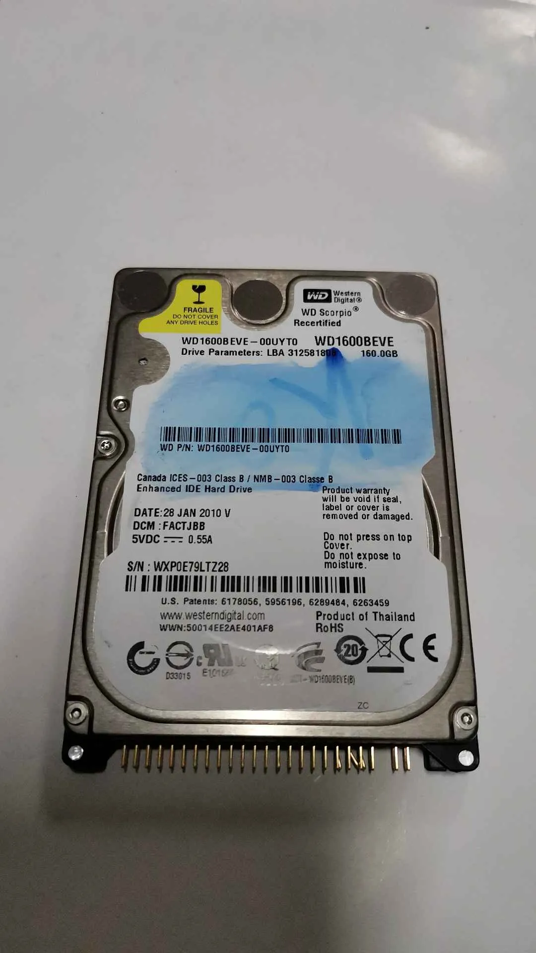 Western Digital WD1600BEVE-00UYT0 S/N WXP0E79LTZ28