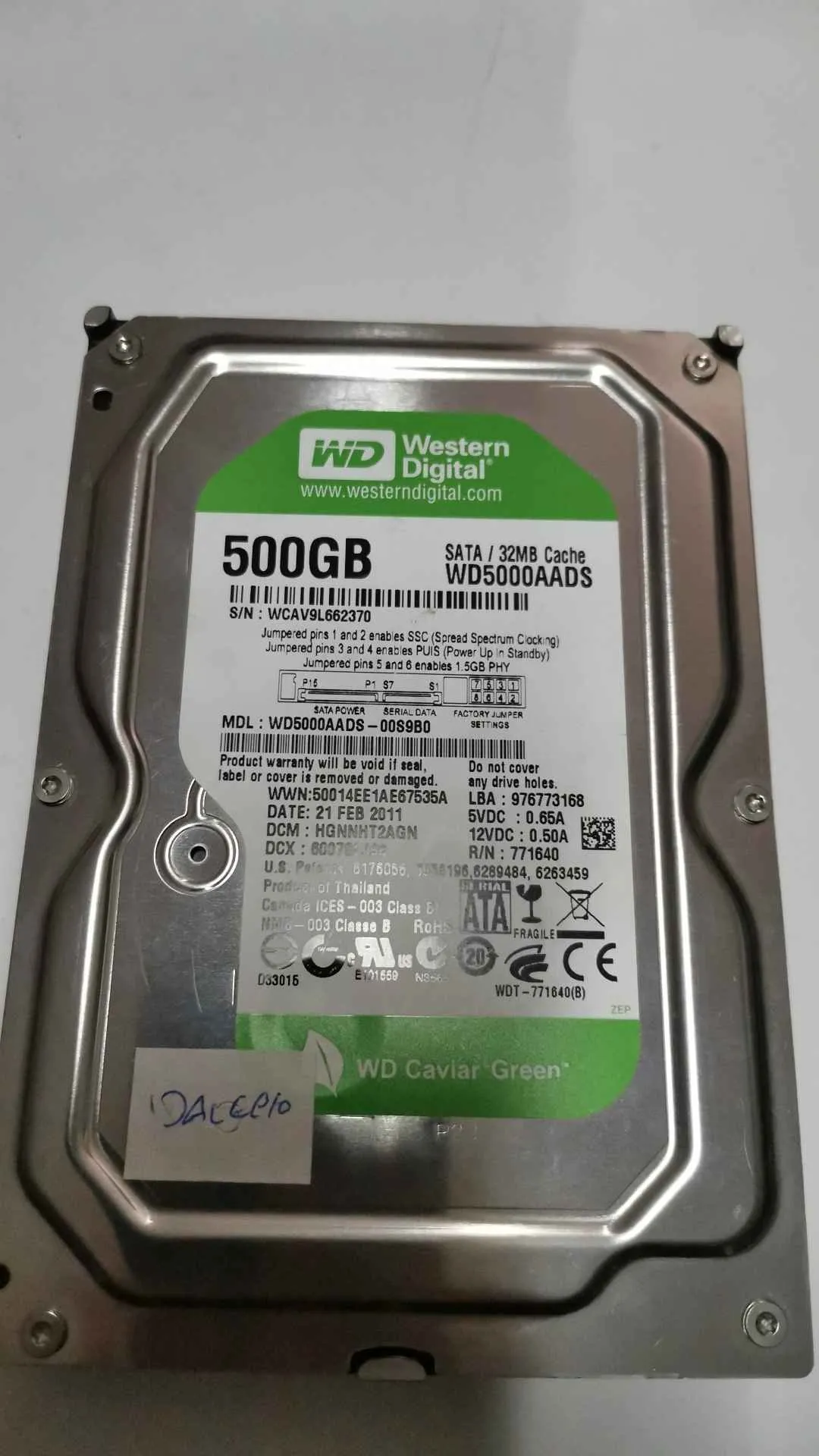 Western Digital WD5000AADS-00S9B0 S/N WCAV9L662370