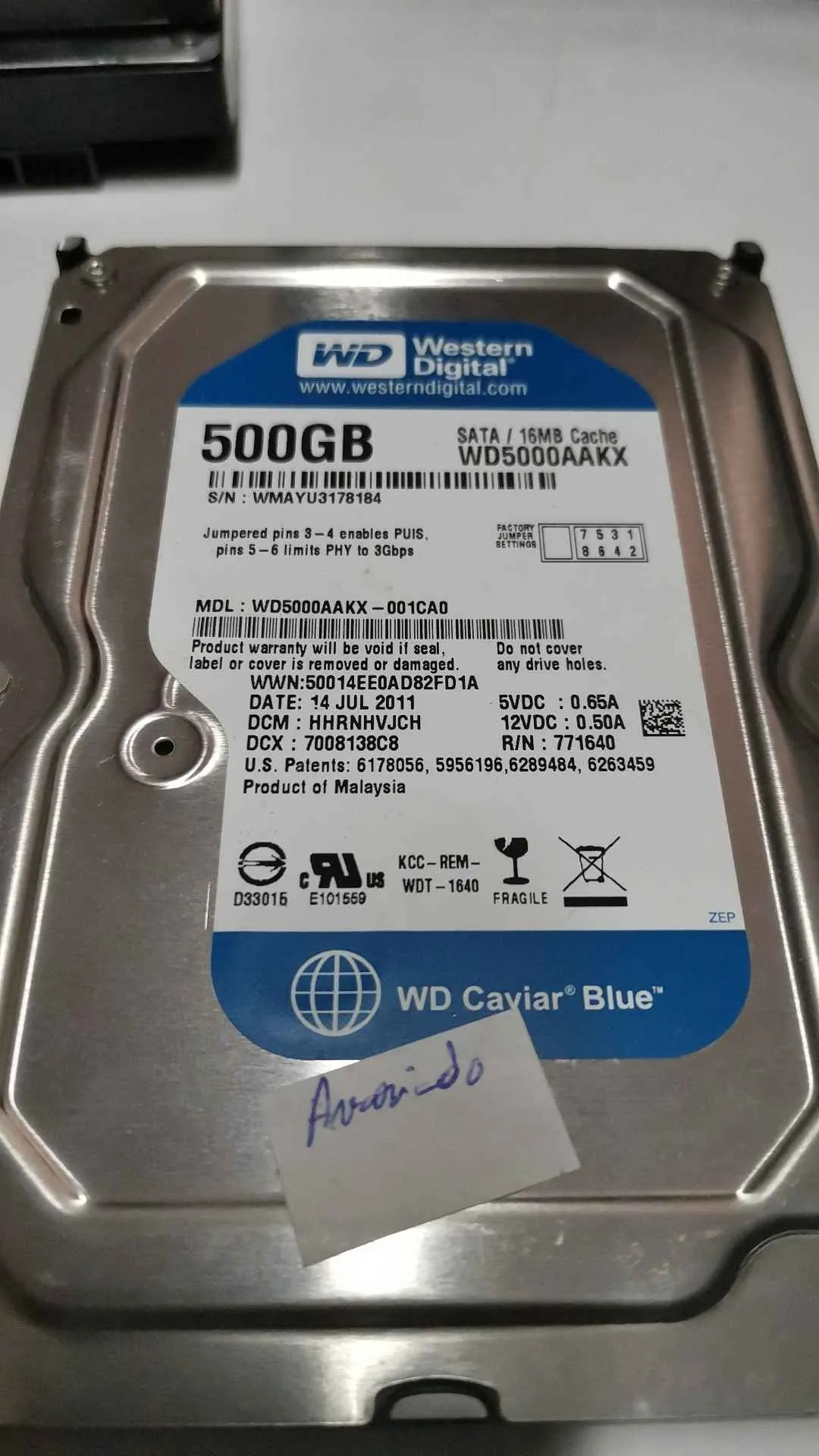 Western Digital WD5000AAKX-001CA0 S/N WMAYU3178184
