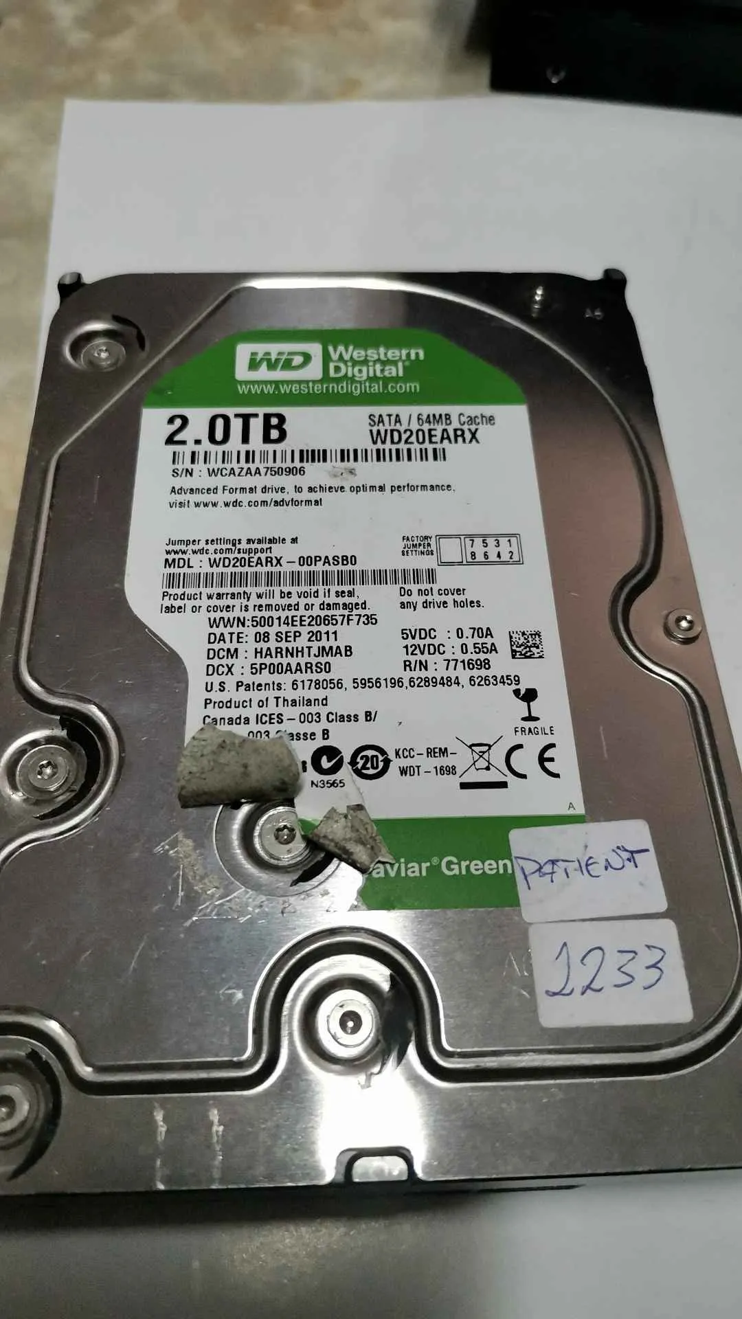 Western Digital WD20EARX-00PASB0 S/N WCAZAA750906