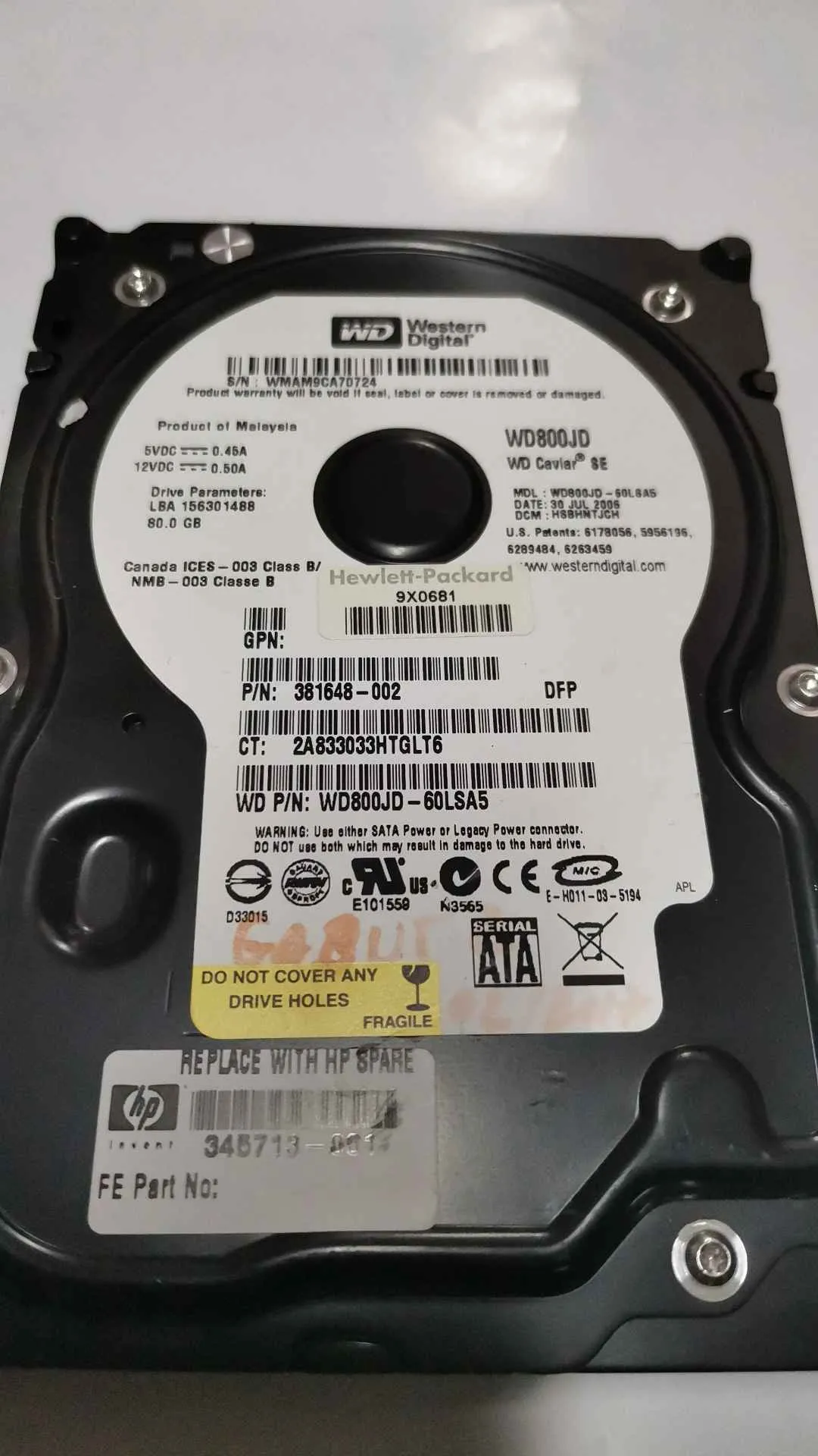 Western Digital WD800JD-60LSA5 S/N WMAM9CA70724