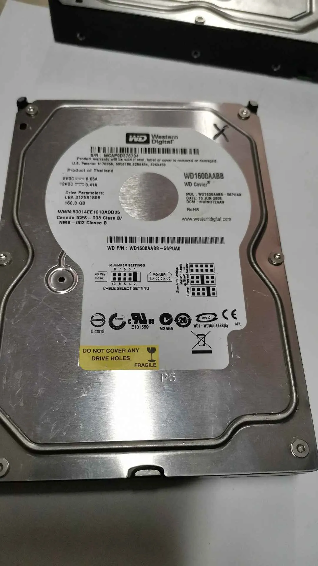 Western Digital WD1600AABB-56PUA0 S/N WCAP9D376734