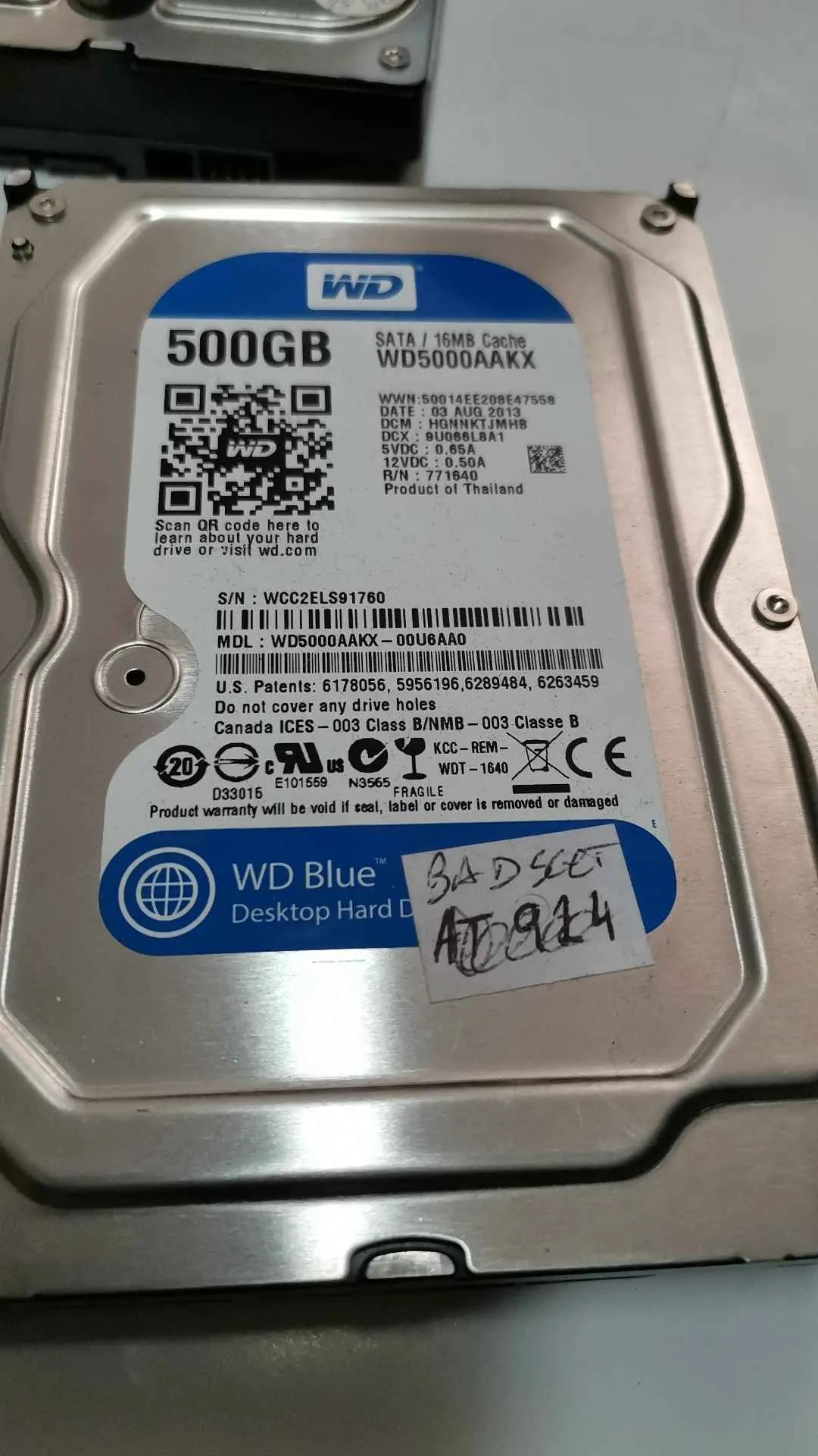 Western Digital WD5000AAKX-00U6AA0 S/N WCC2ELS91760