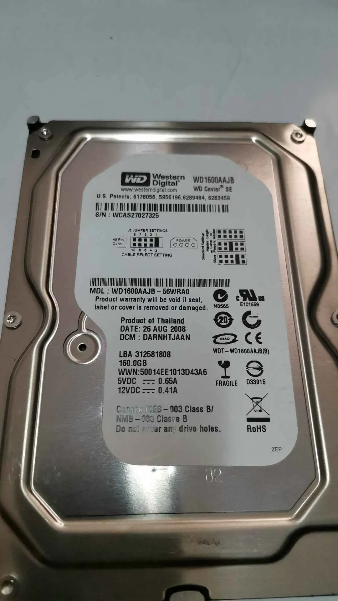 Western Digital WD1600AAJB-56WRA0 S/N WCAS27027325