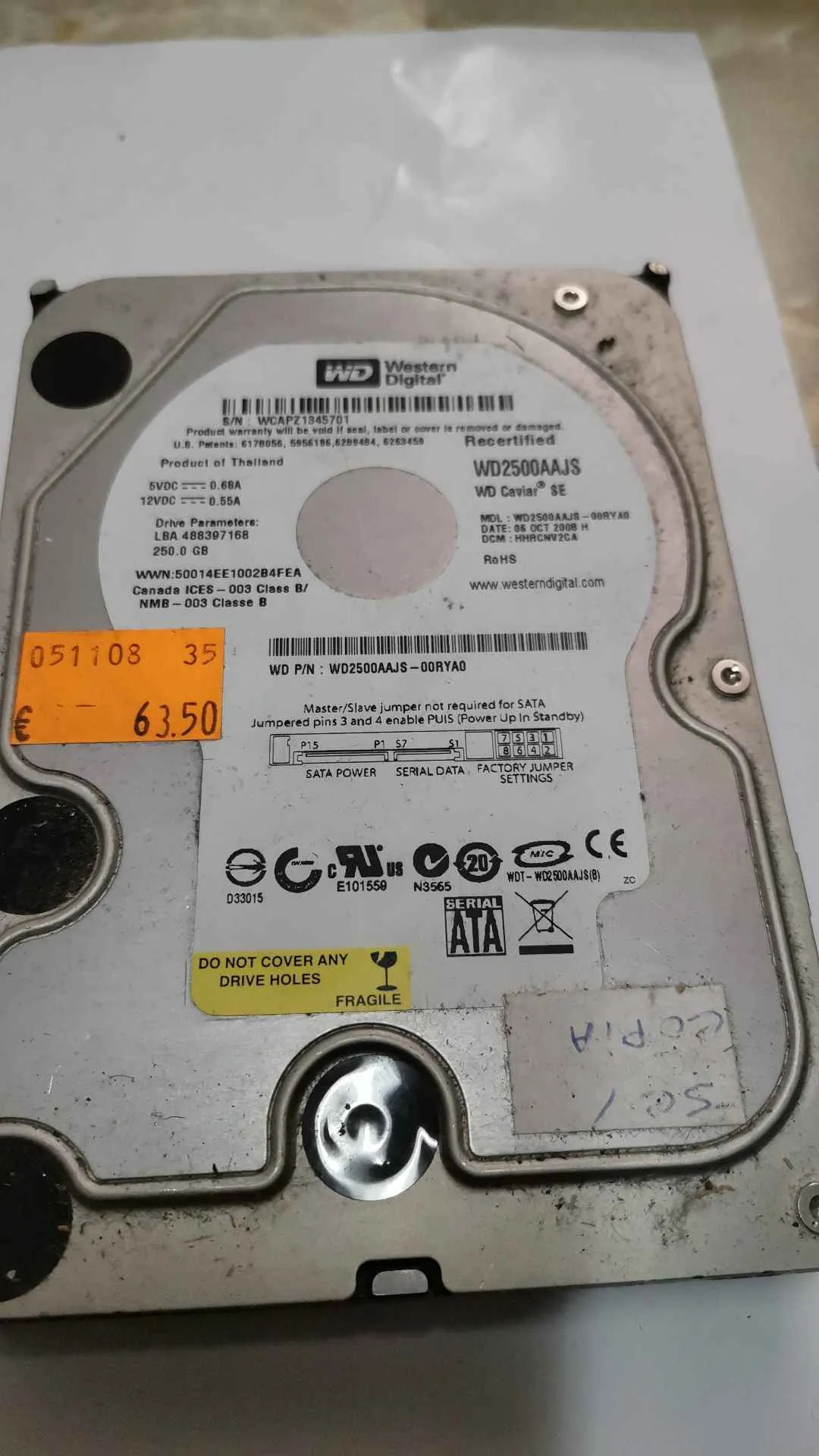Western Digital WD2500AAJS-00RYA0 S/N WCAPZ1345701