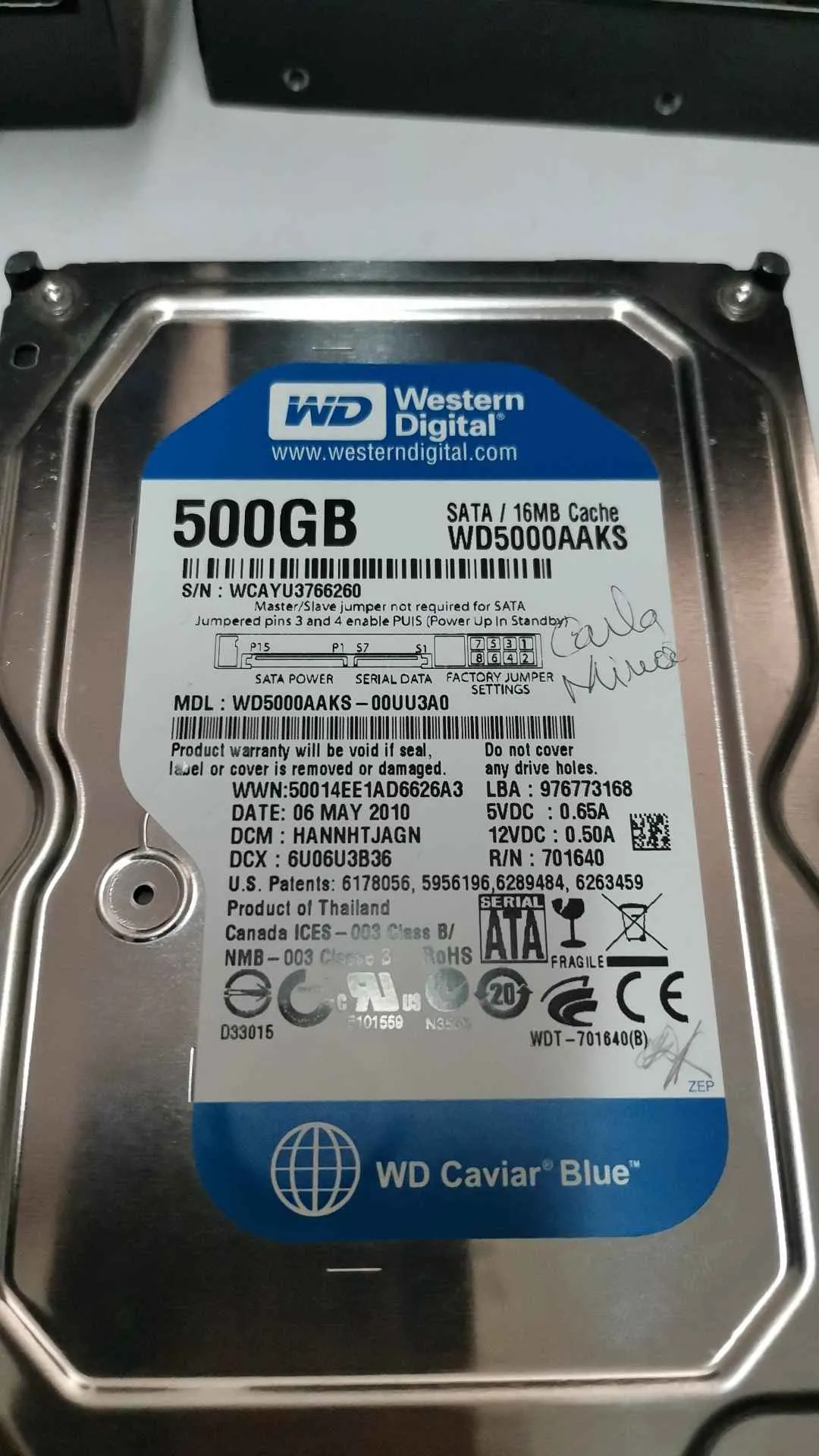 Western Digital WD5000AAKS-00UU3A0 S/N WCAYU3766260