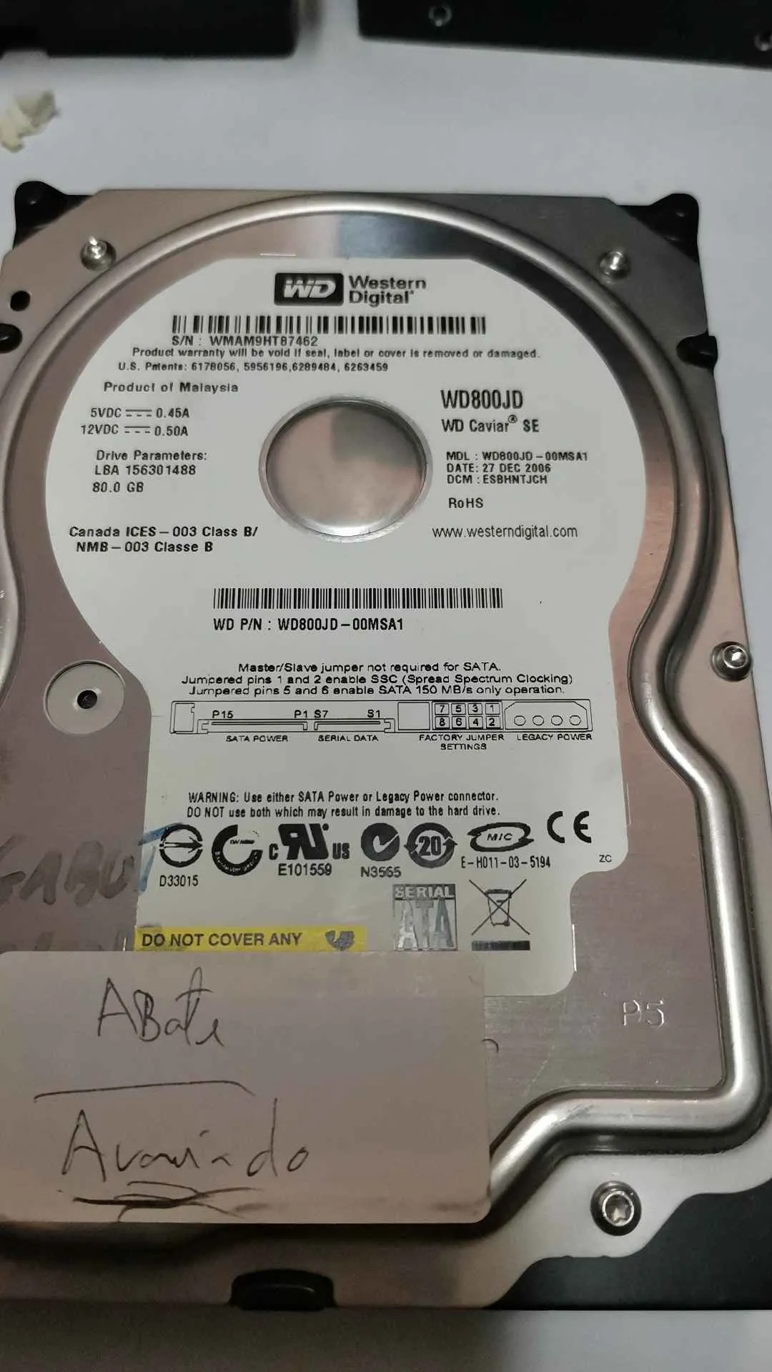 Western Digital WD800JD-00MSA1 S/N WMAM9HT87462