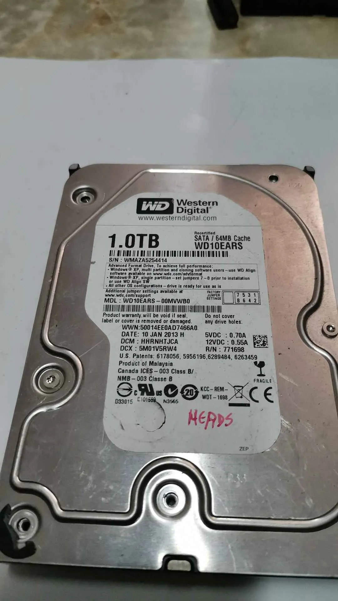 Western Digital WD10EARS-00MVWB0 S/N WMAZA5254414