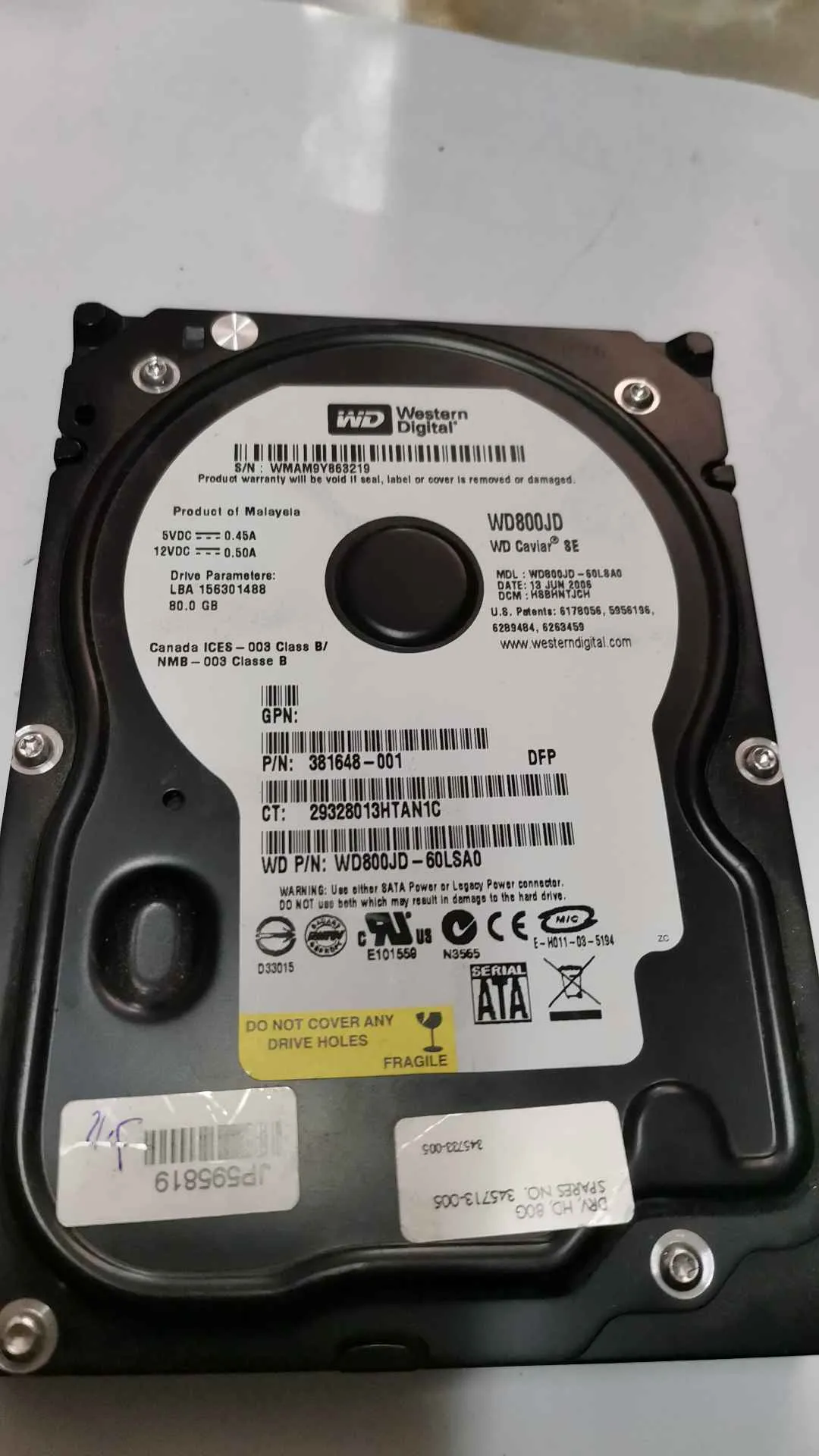 Western Digital WD800JD-60LSA0 S/N WMAM9Y863219