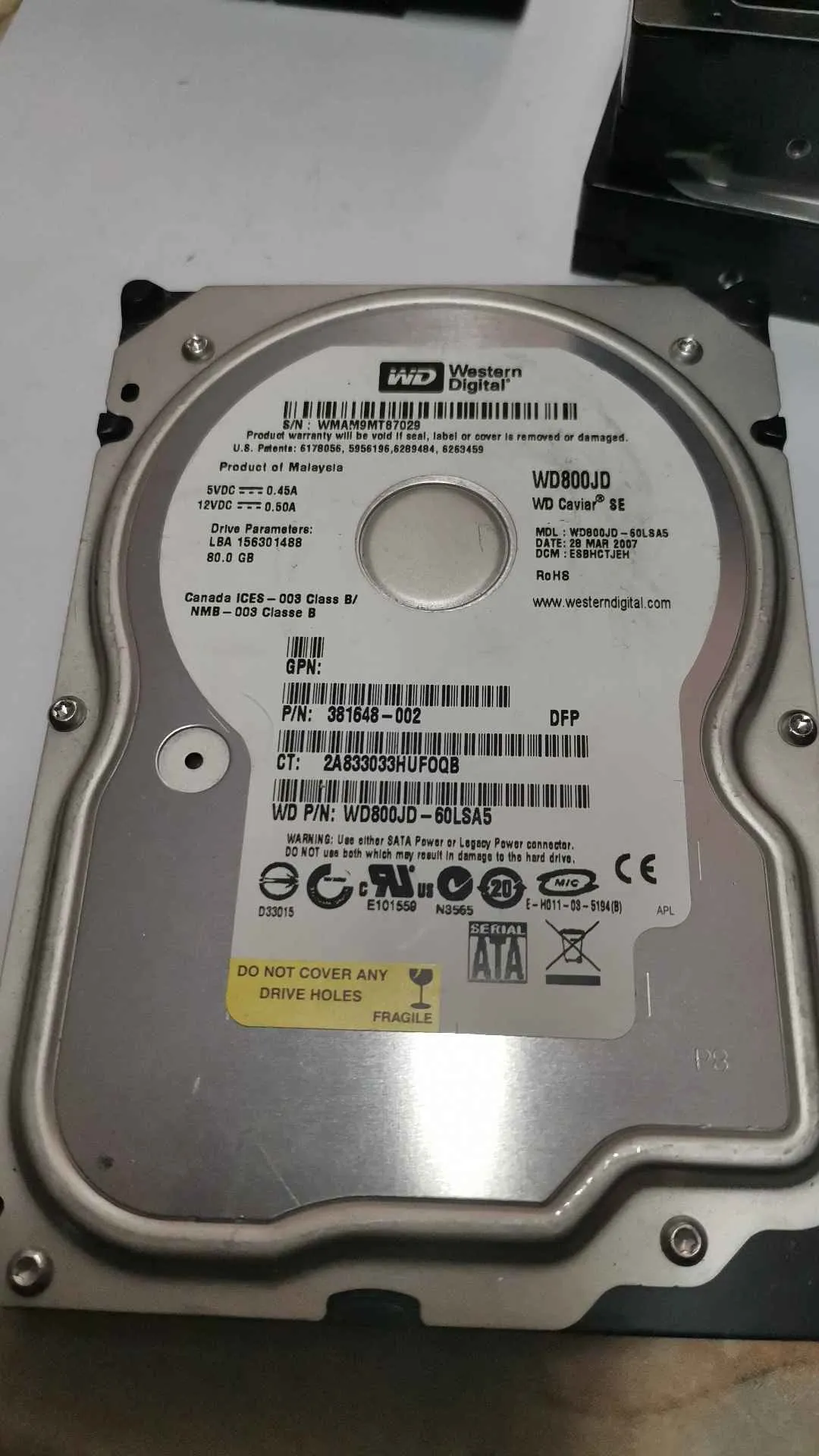 Western Digital WD800JD-60LSA5 S/N WMAM9MT87029
