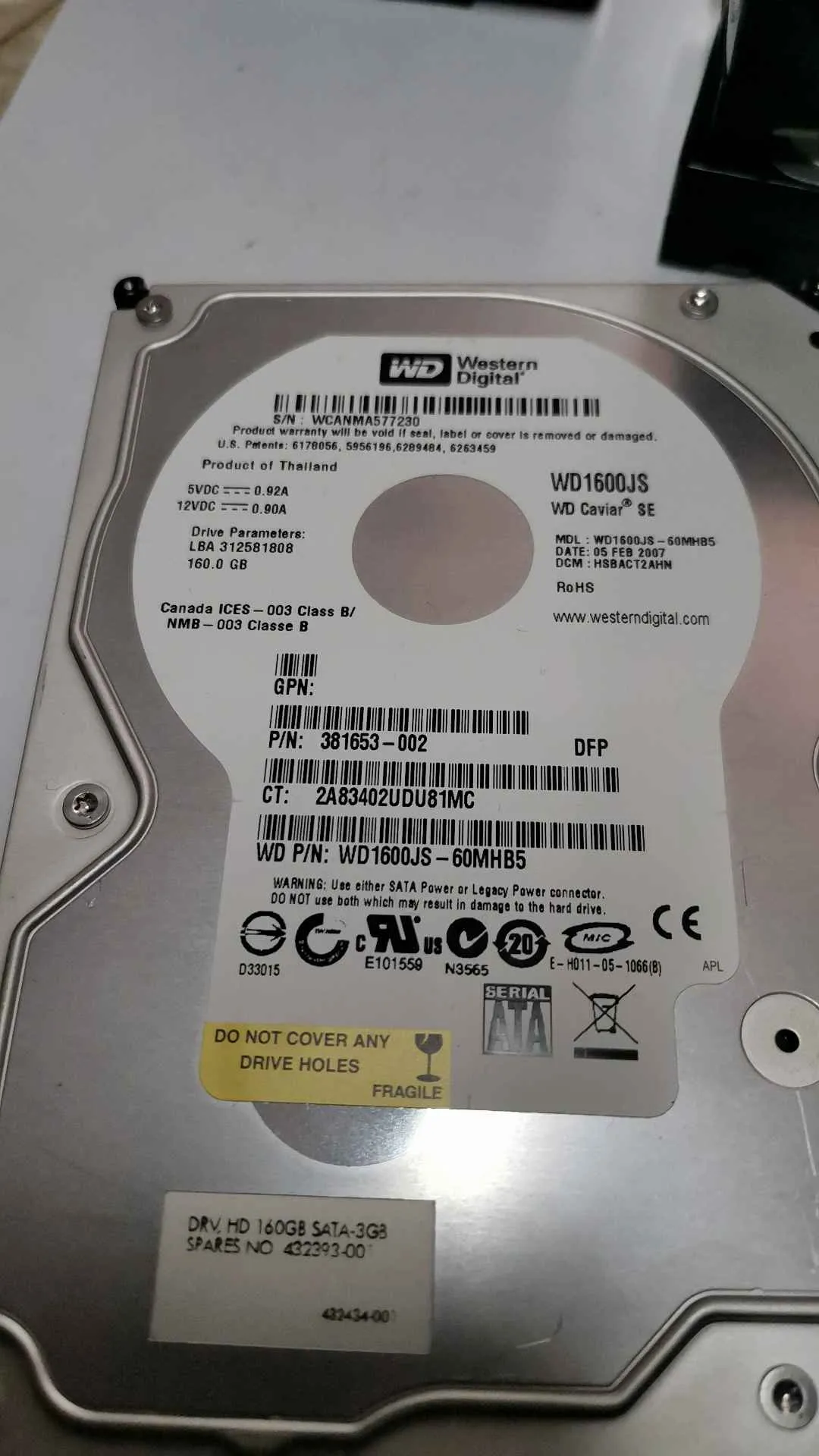 Western Digital WD1600JS-60MHB5 S/N WCANMA577230