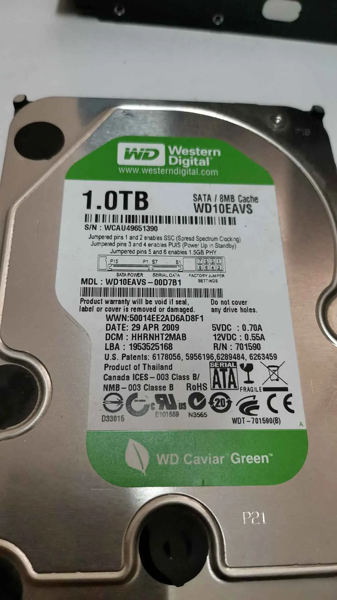 Western Digital WD10EAVS-00D7B1 S/N WCAU49651390