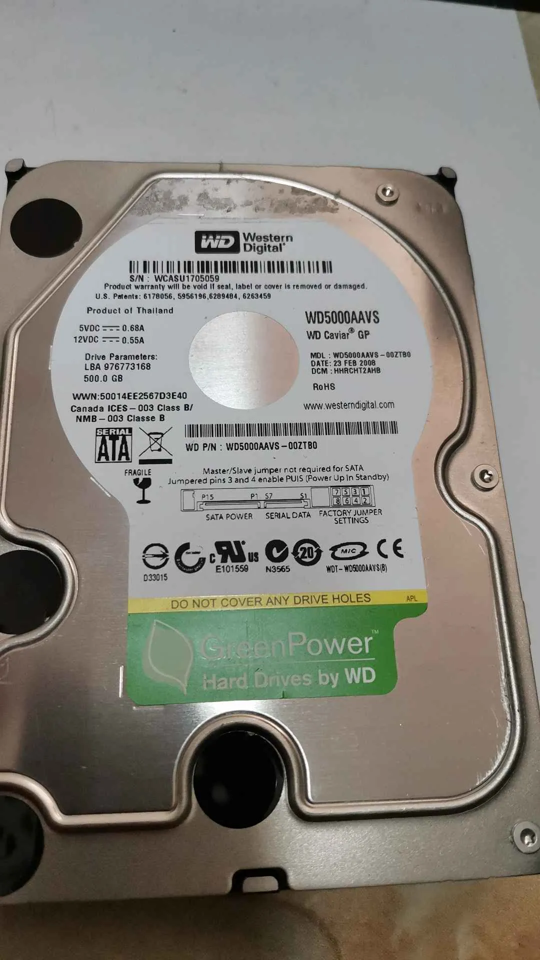 Western Digital WD5000AAVS-00ZTB0 S/N WCASU1705059