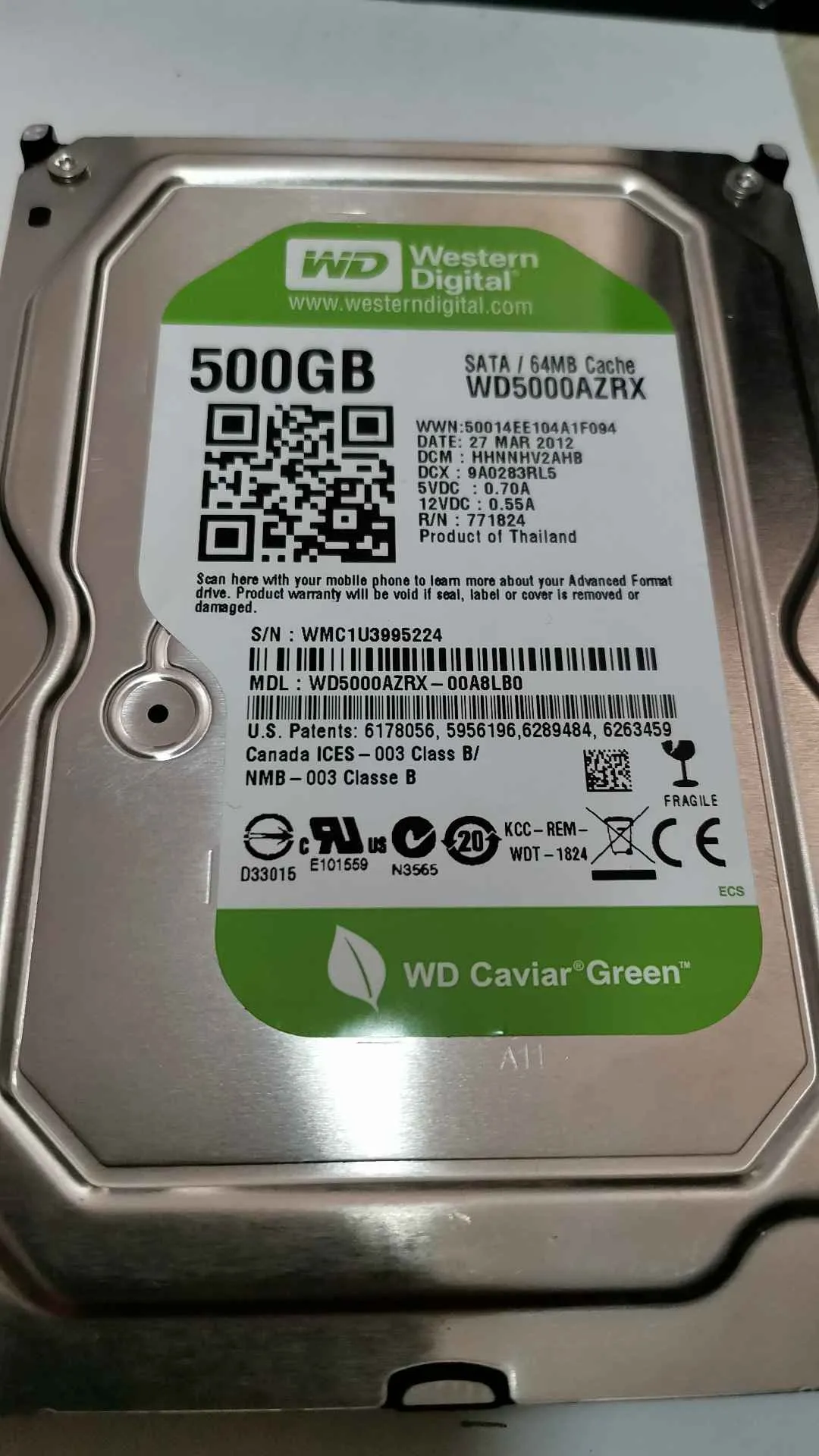 Western Digital WD5000AZRX-00A8LB0 S/N WMC1U3995224