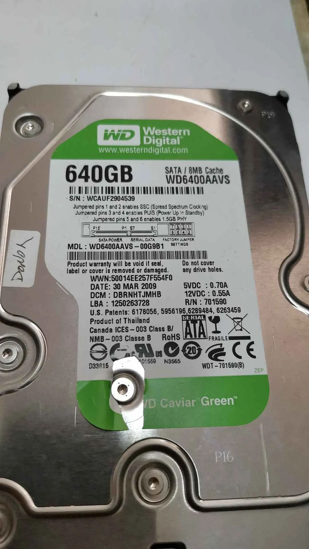 Western Digital WD6400AAVS-00G9B1 S/N WCAUF2904539