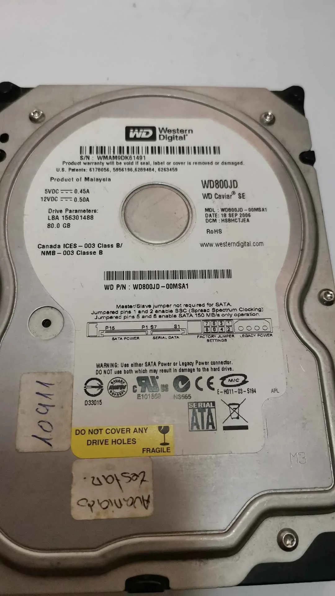 Western Digital WD800JD-00MSA1 S/N WMAM9DK61491