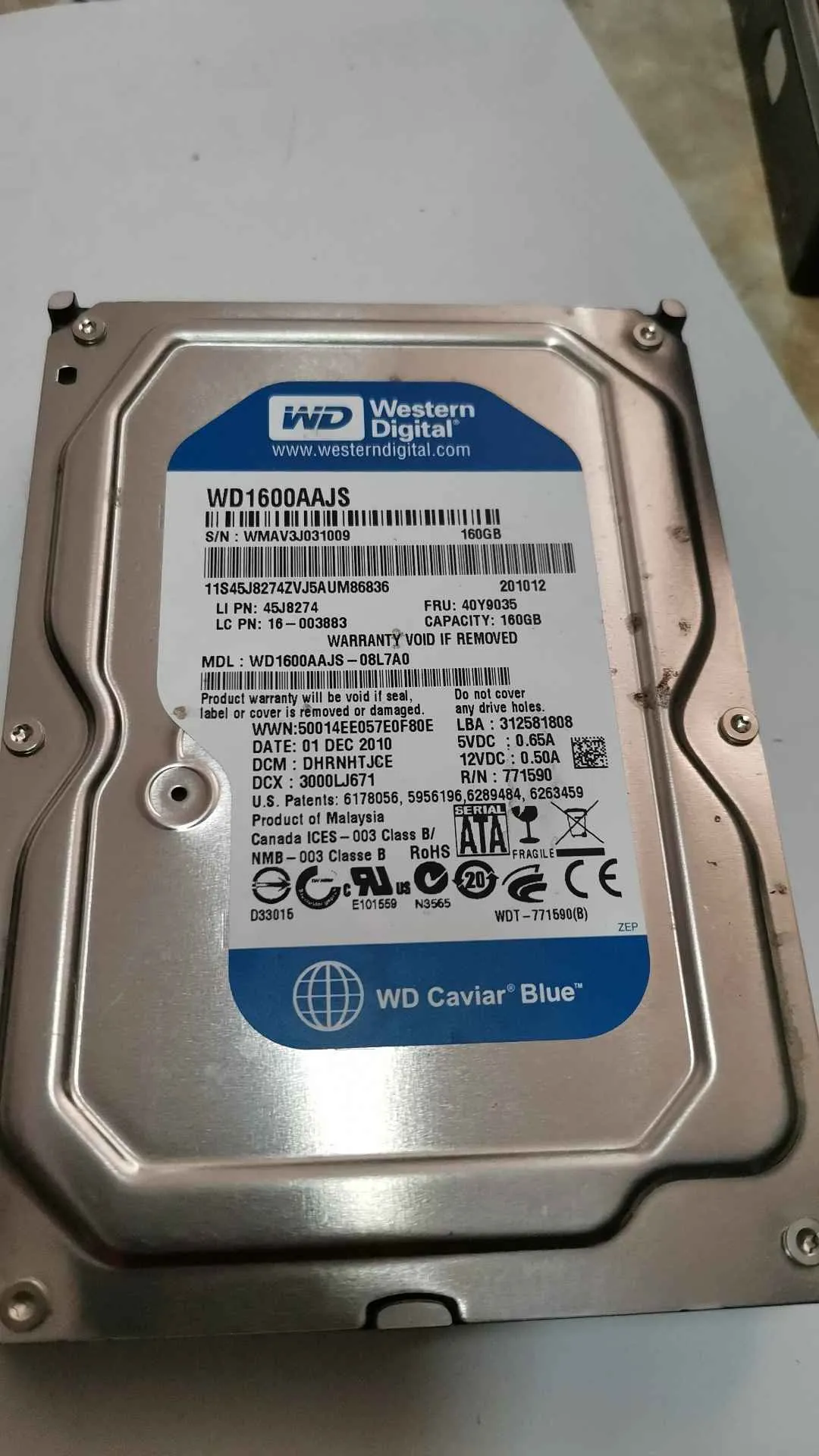 Western Digital WD1600AAJS-08L7A0 S/N WMAV3J031009