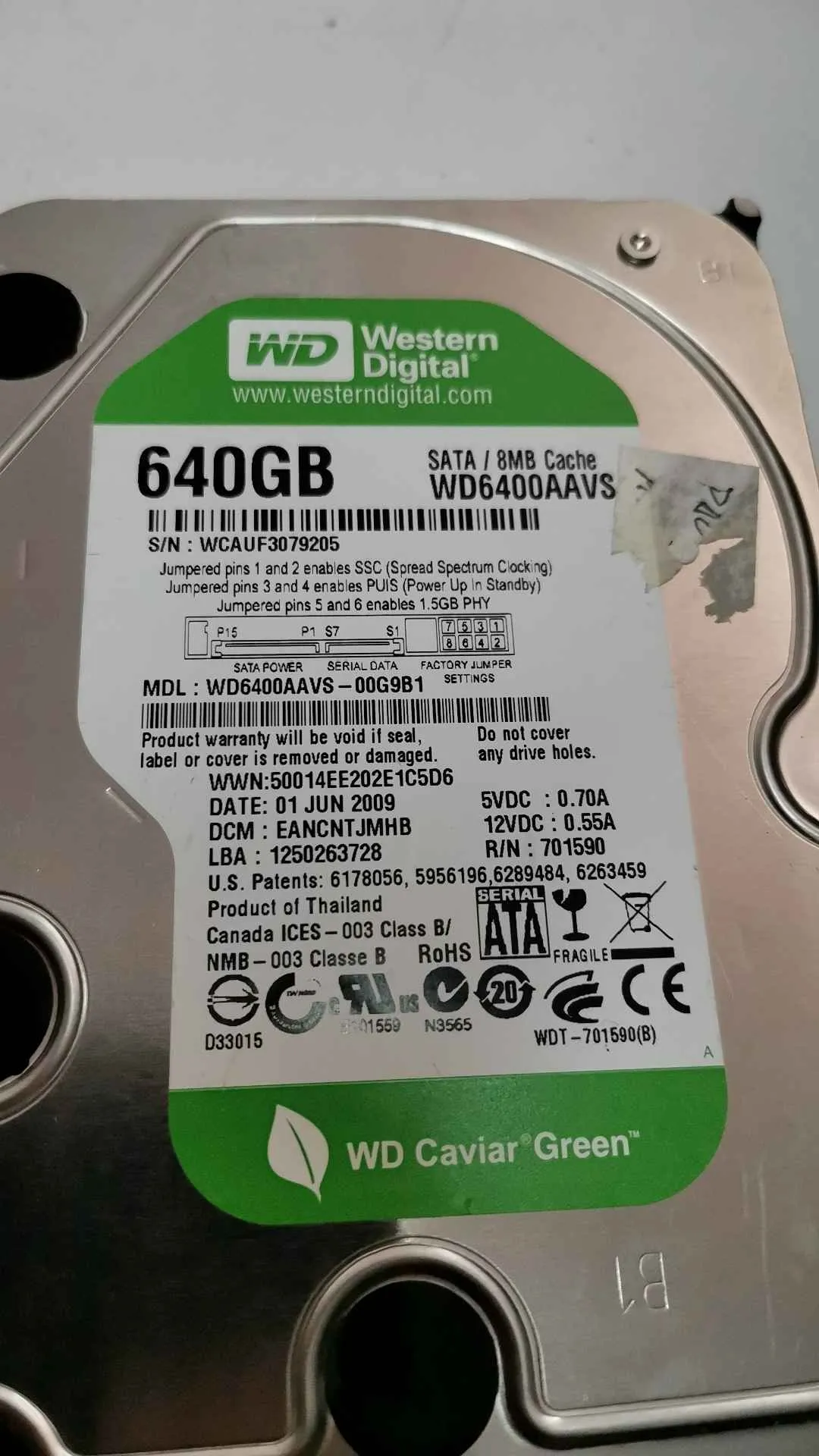 Western Digital WD6400AAVS-00G9B1 S/N WCAUF3079205