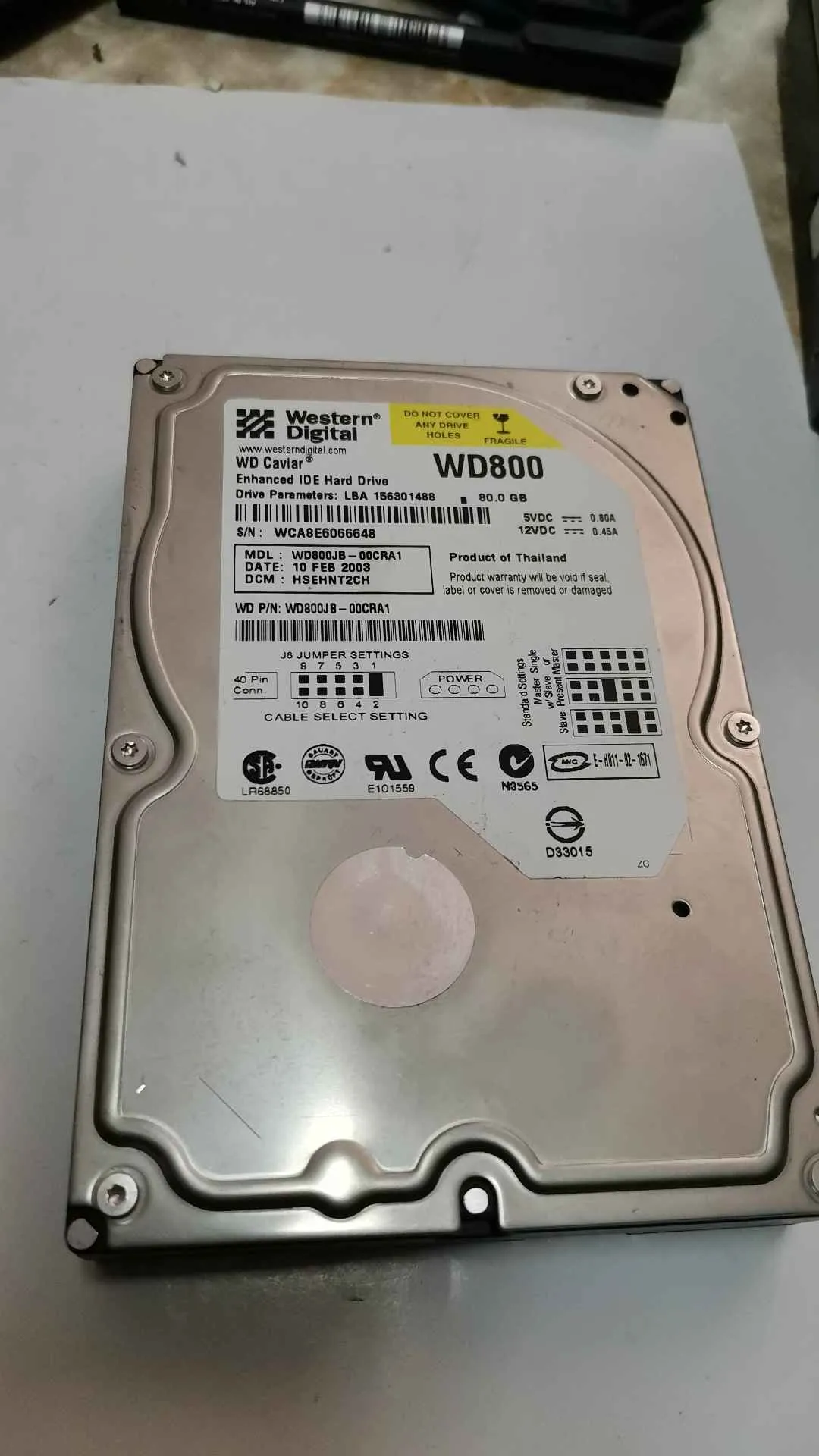 Western Digital WD800JB-00CRA1 S/N WCA8E6066648