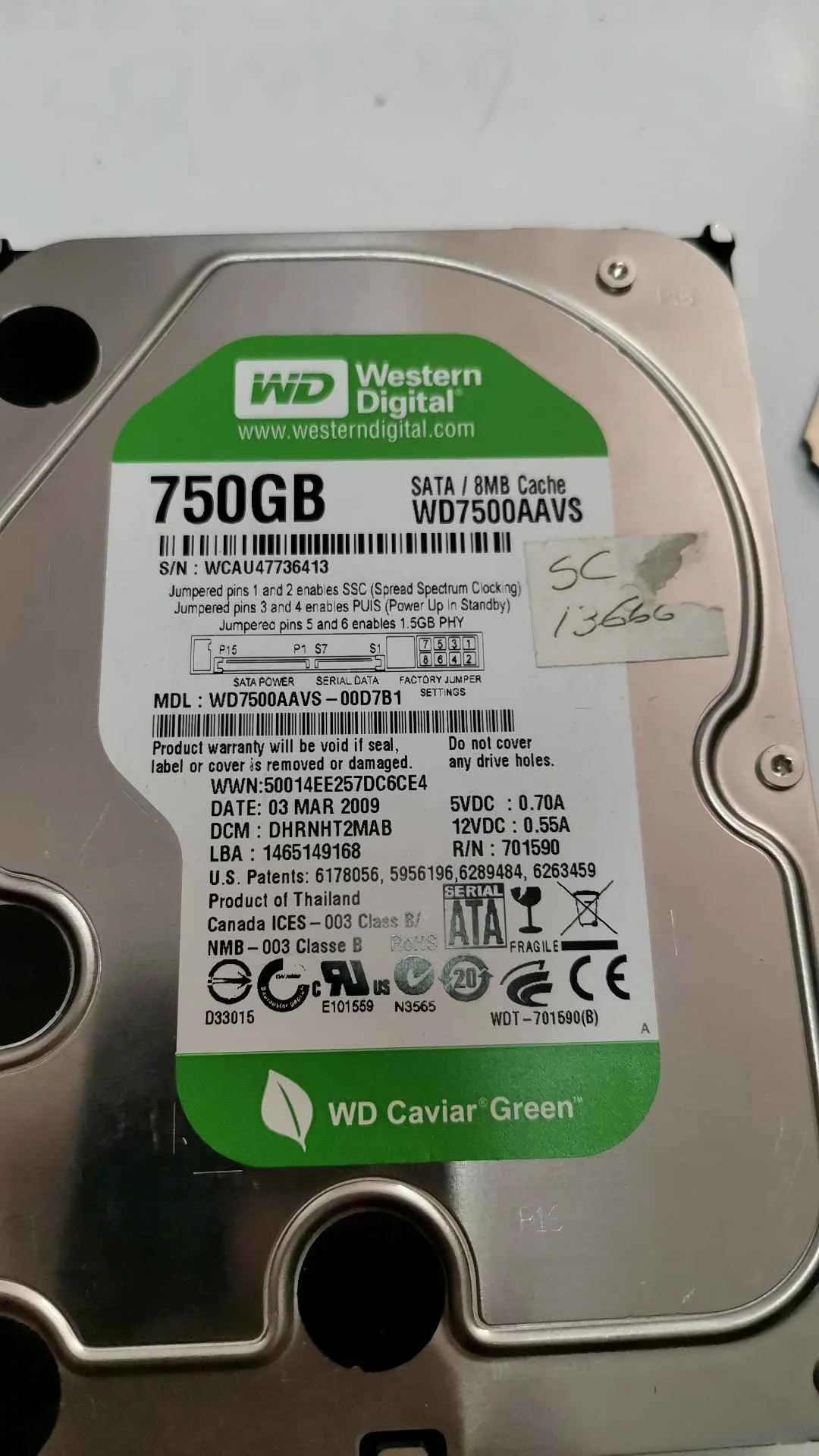 Western Digital WD7500AAVS-00D7B1 S/N WCAU47736413