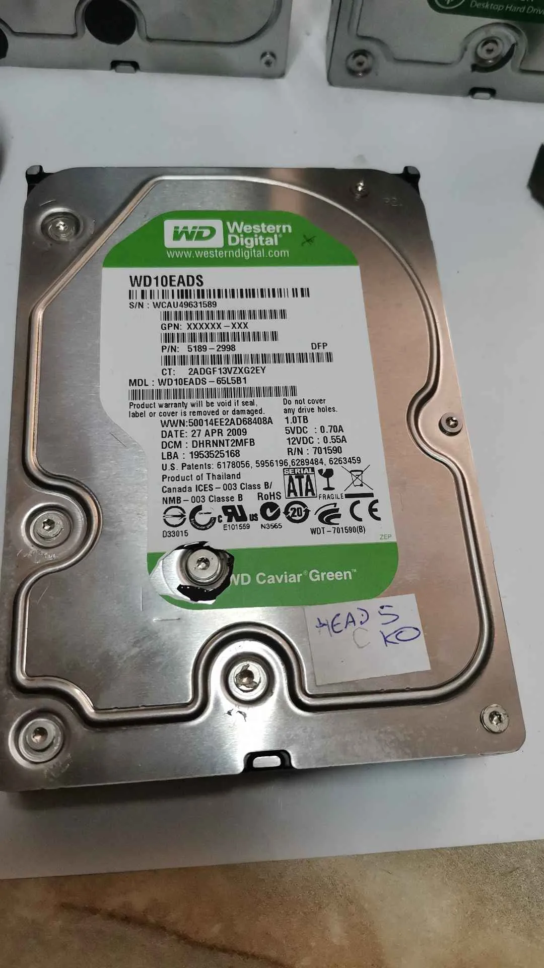 Western Digital WD10EADS-65L5B1 S/N WCAU49631589