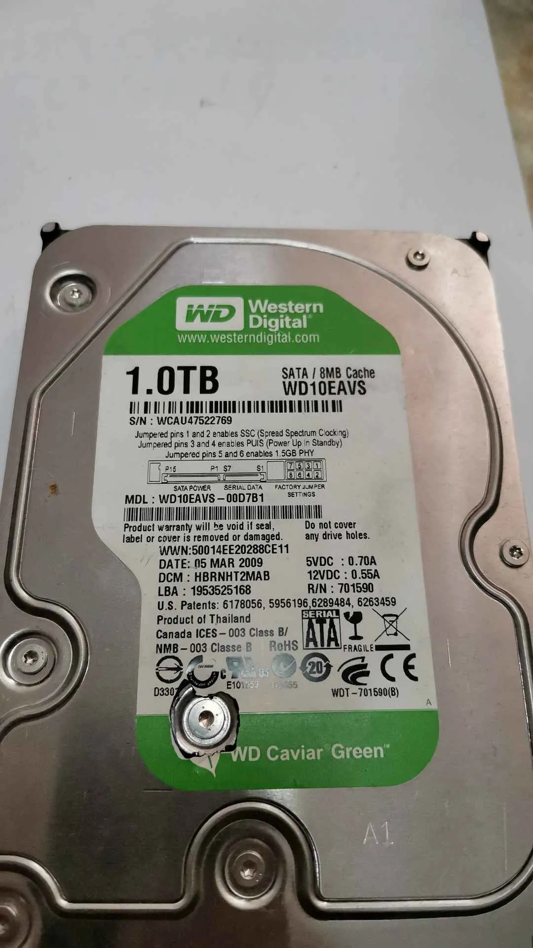 Western Digital WD10EAVS-00D7B1 S/N WCAU47522769