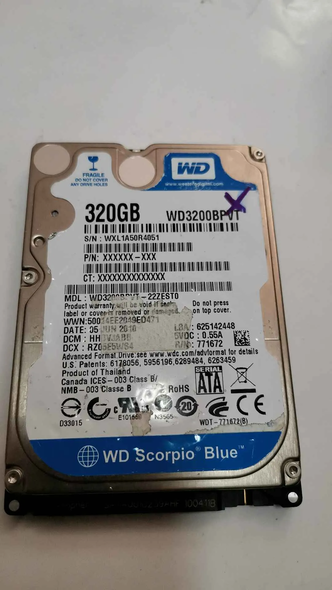 Western Digital WD3200BPVT-22ZEST0 S/N WXL1A50R4051
