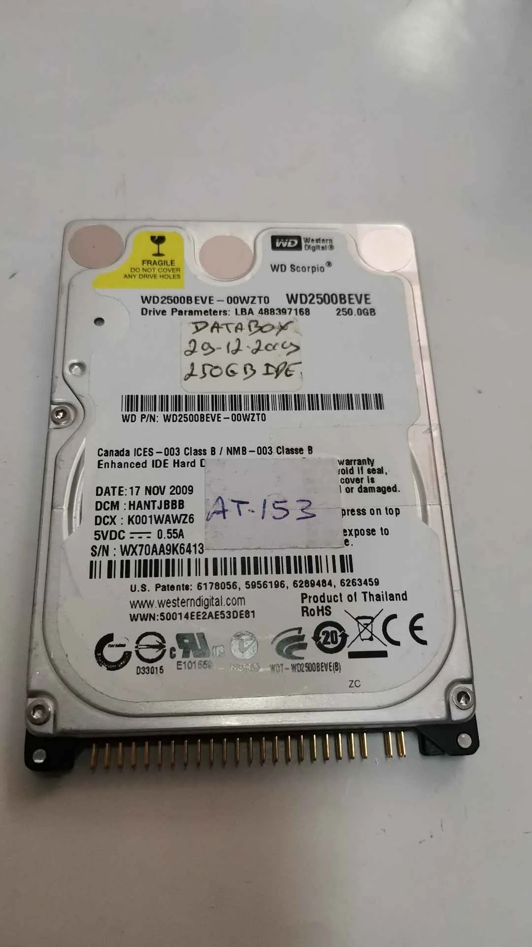 Western Digital WD2500BEVE-00WZT0 S/N WX70AA9K6413