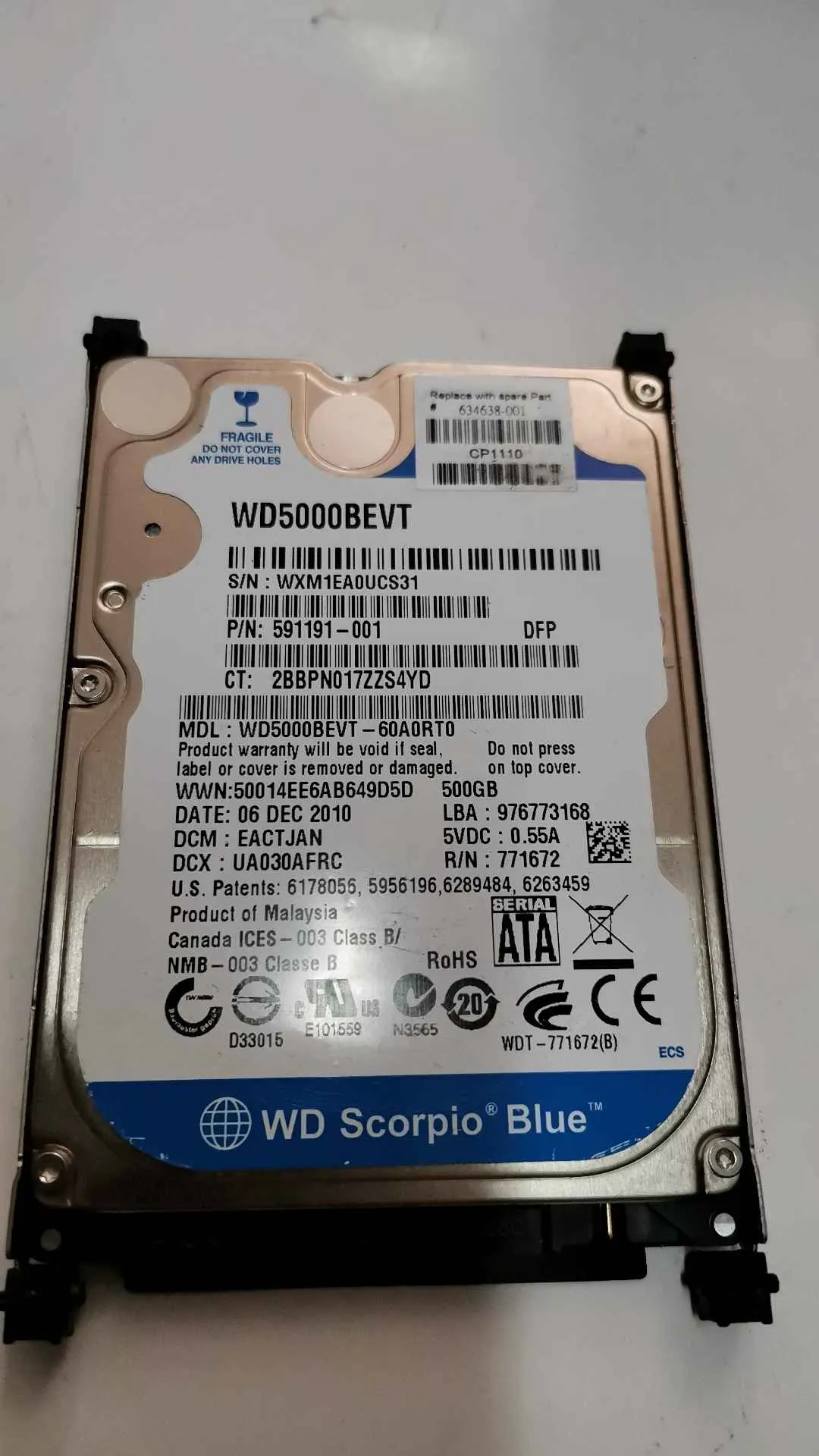 Western Digital WD5000BEVT-60A0RT0 S/N WXM1EA0UCS31