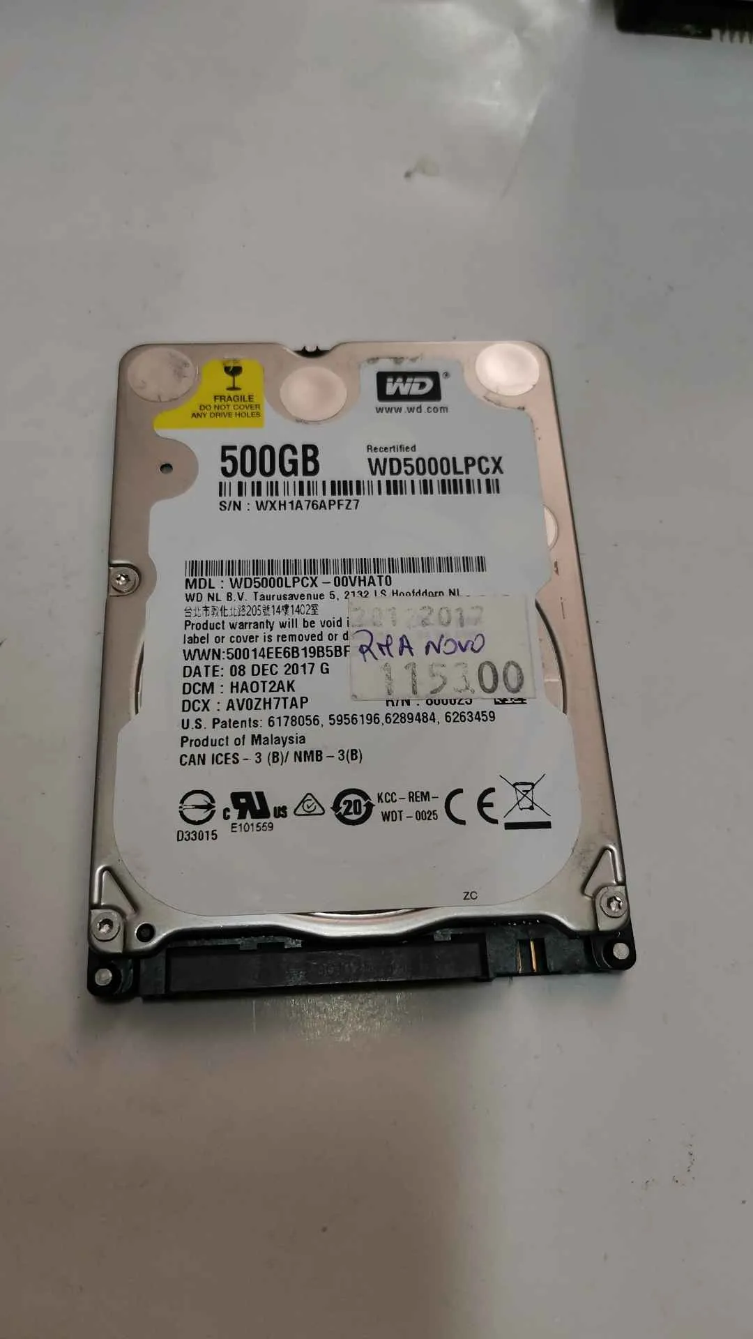 Western Digital WD5000LPCX-00VHAT0 S/N WXH1A76APFZ7