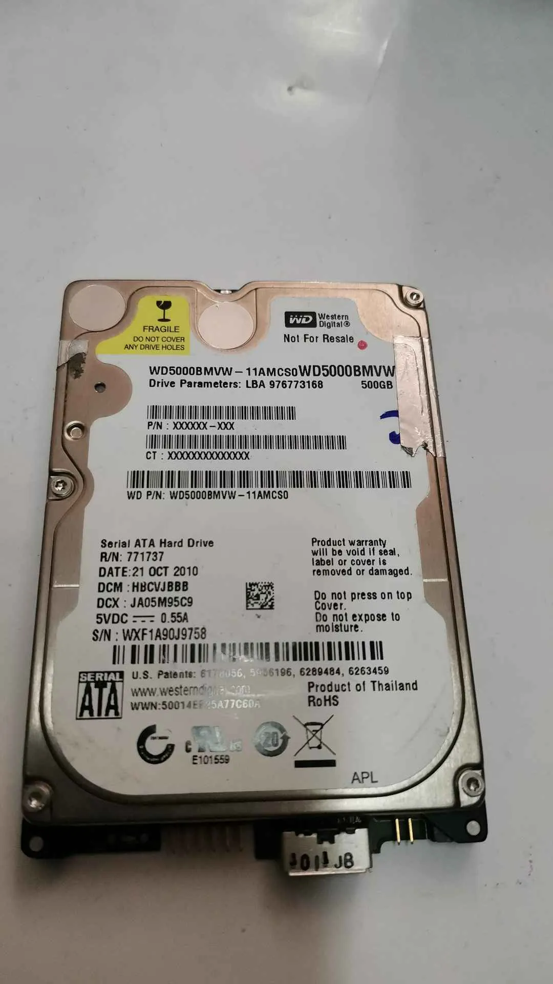 Western Digital WD5000BMVW-11AMCS0 S/N WXF1A90J9758