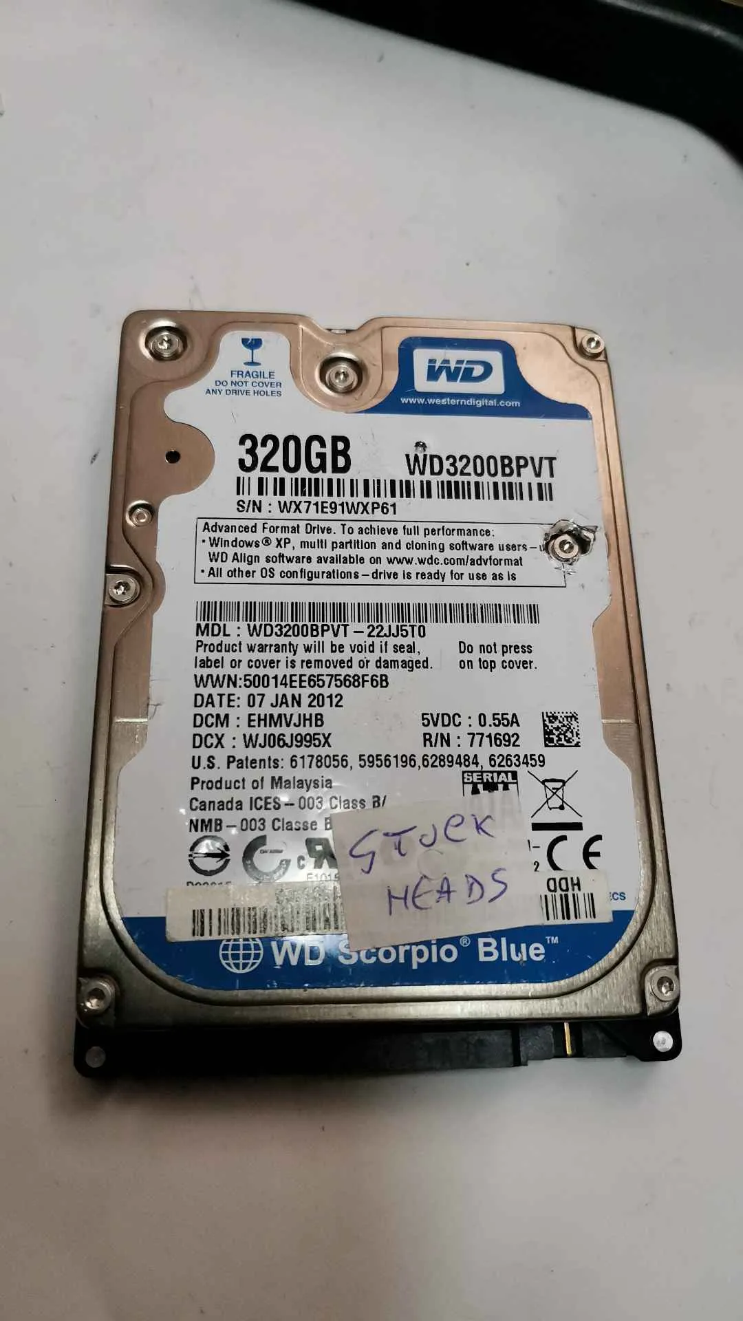 Western Digital WD3200BPVT-22JJ5T0 S/N WX71E91WXP61