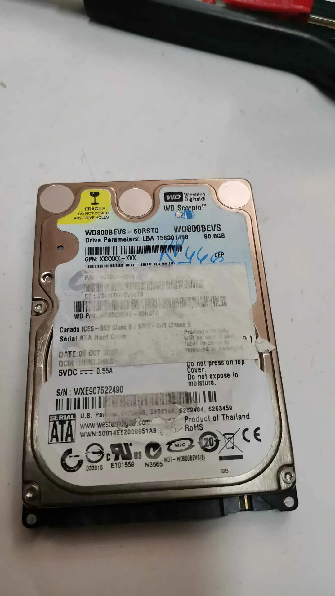 Western Digital WD800BEVS-60RST0 S/N WXE907522490
