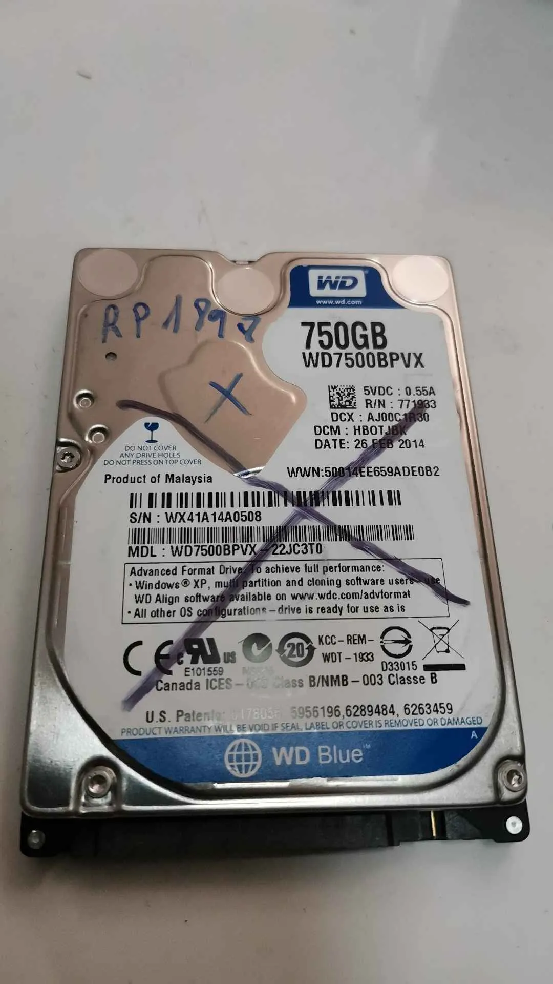 Western Digital WD7500BPVX-22JC3T0 S/N WX41A14A0508