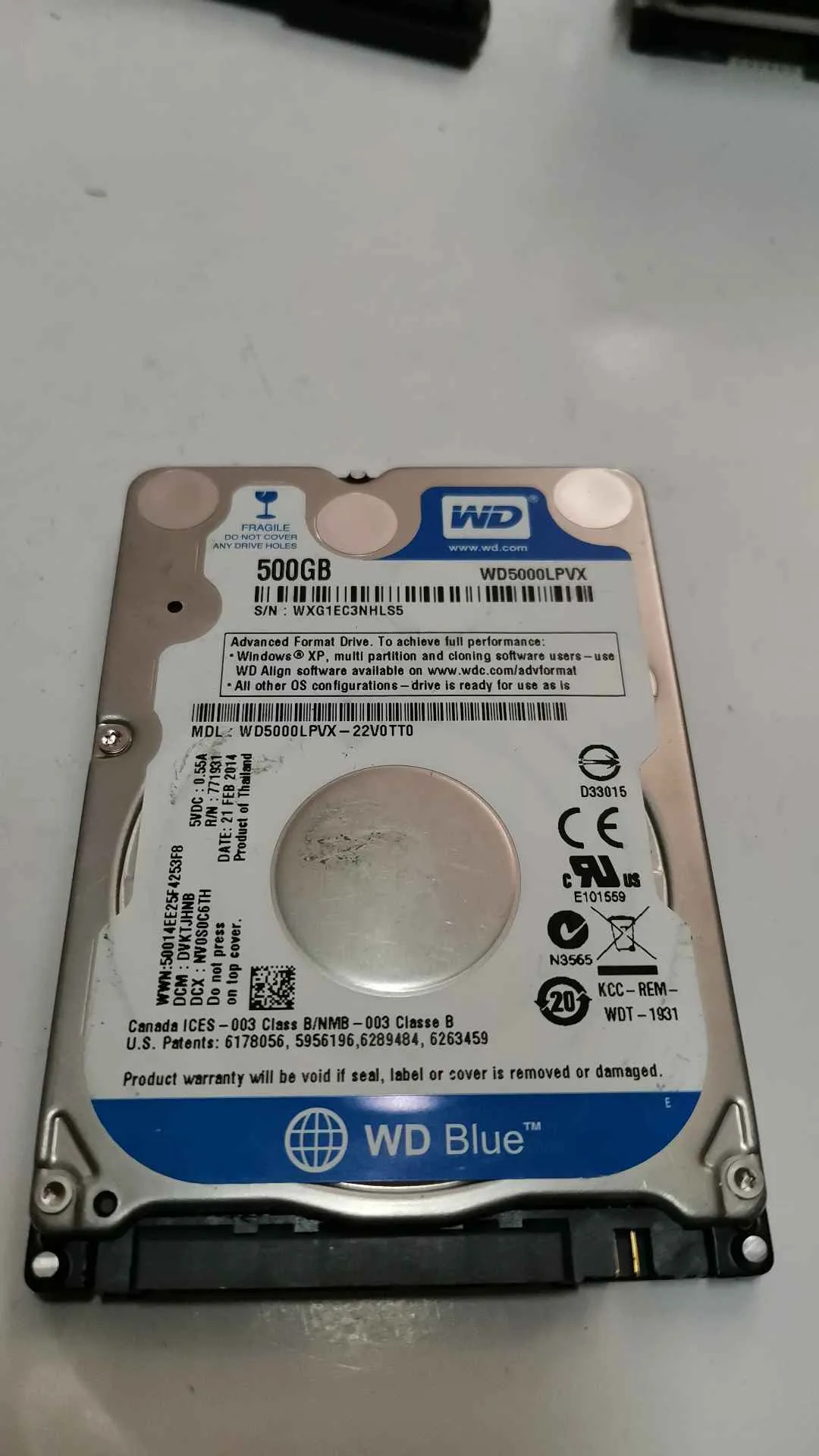 Western Digital WD5000LPVX-22V0TT0 S/N WXG1EC3NHLS5