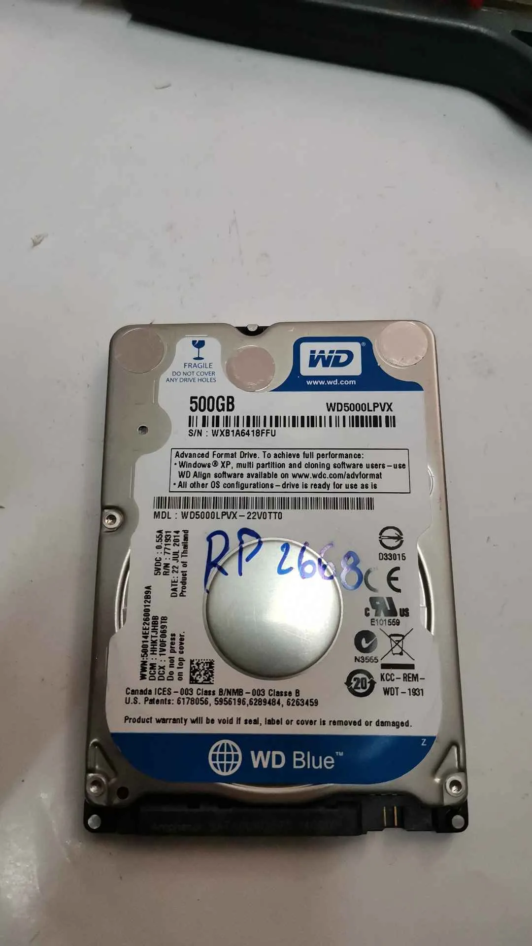 Western Digital WD5000LPVX-22V0TT0 S/N WXB1A6418FFU