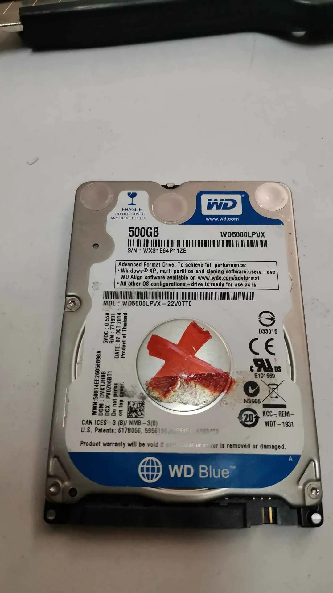Western Digital WD5000LPVX-22V0TT0 S/N WXS1E64P11ZE