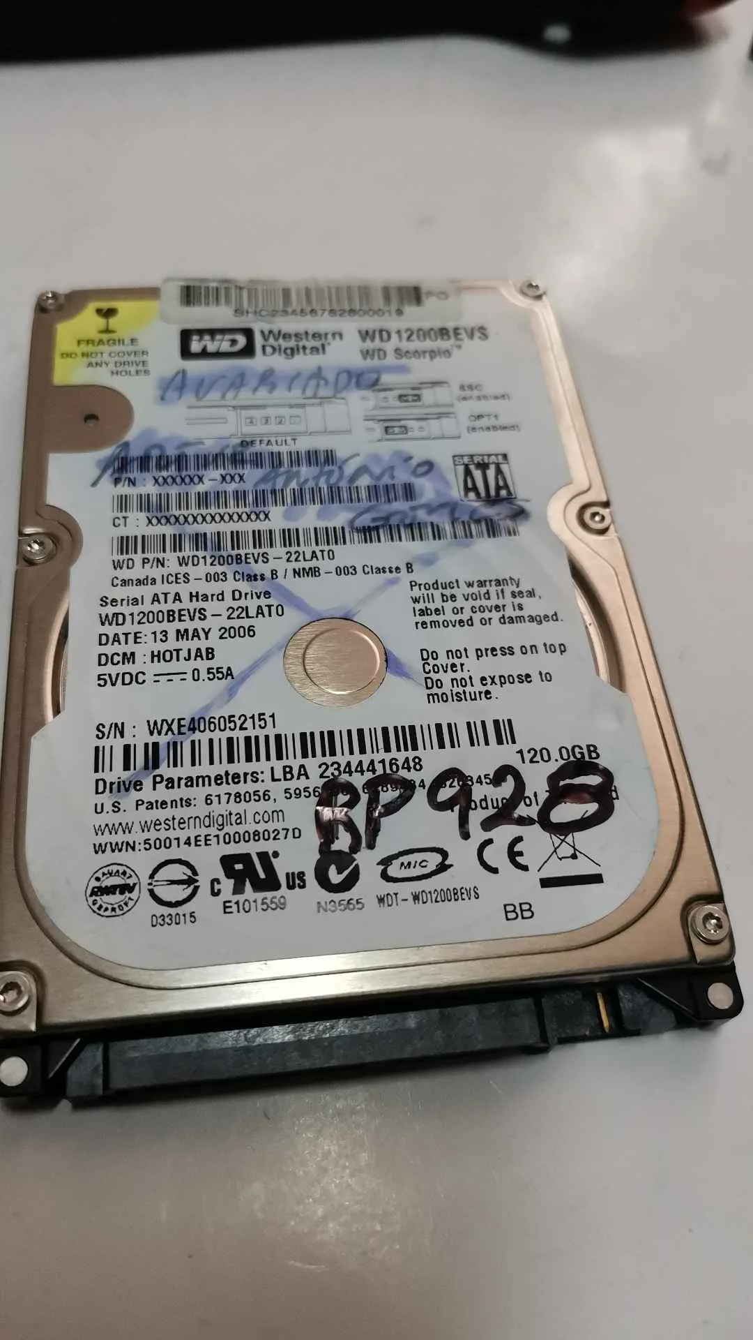 Western Digital WD1200BEVS-22LAT0 S/N WXE406052151