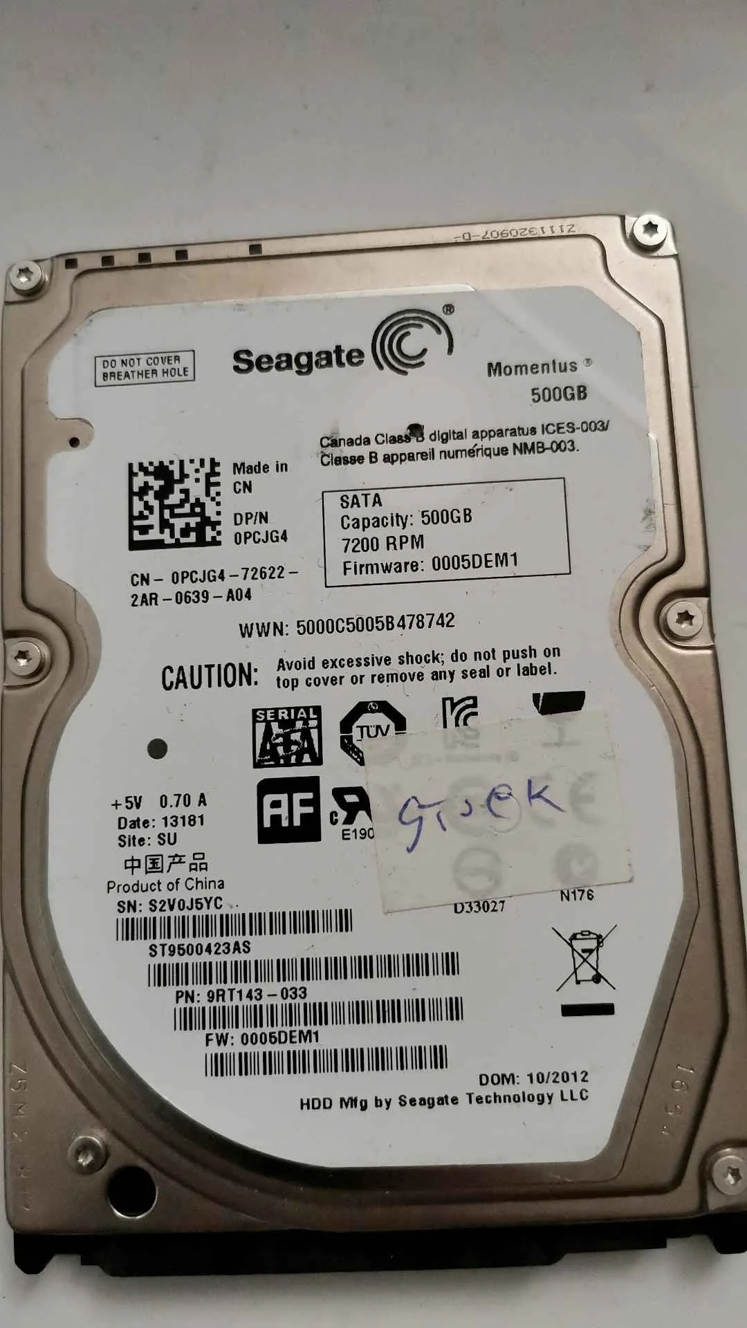 Seagate ST9500423AS S/N S2V0J5YC