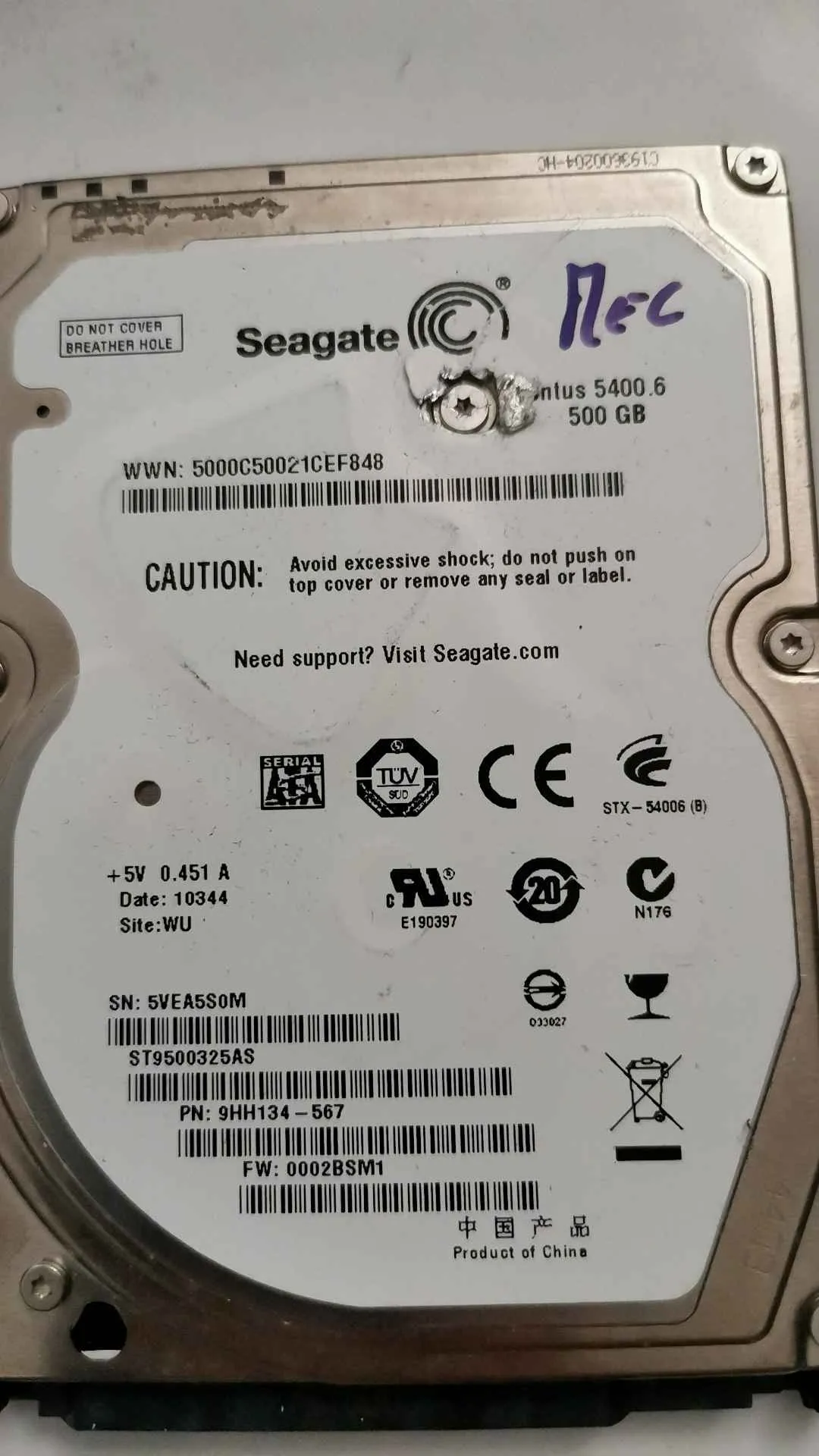 Seagate ST9500325AS S/N 5VEA5S0M