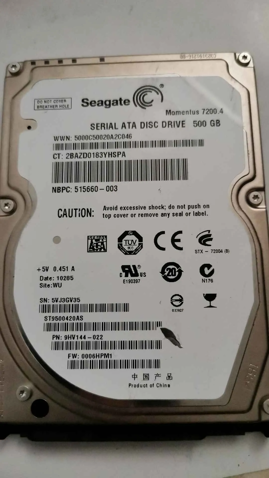 Seagate ST9500420AS S/N 5VJ3GV35