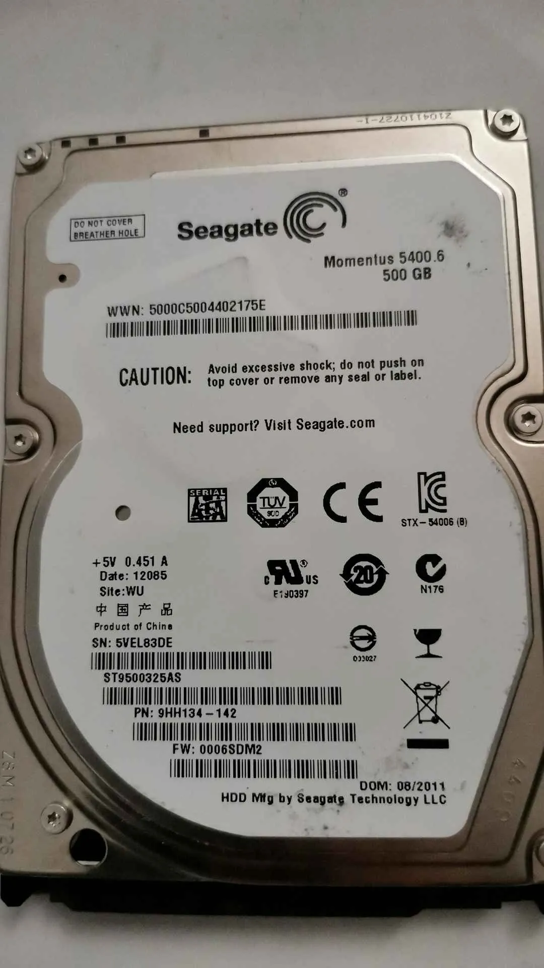 Seagate ST9500325AS S/N 5VEL83DE