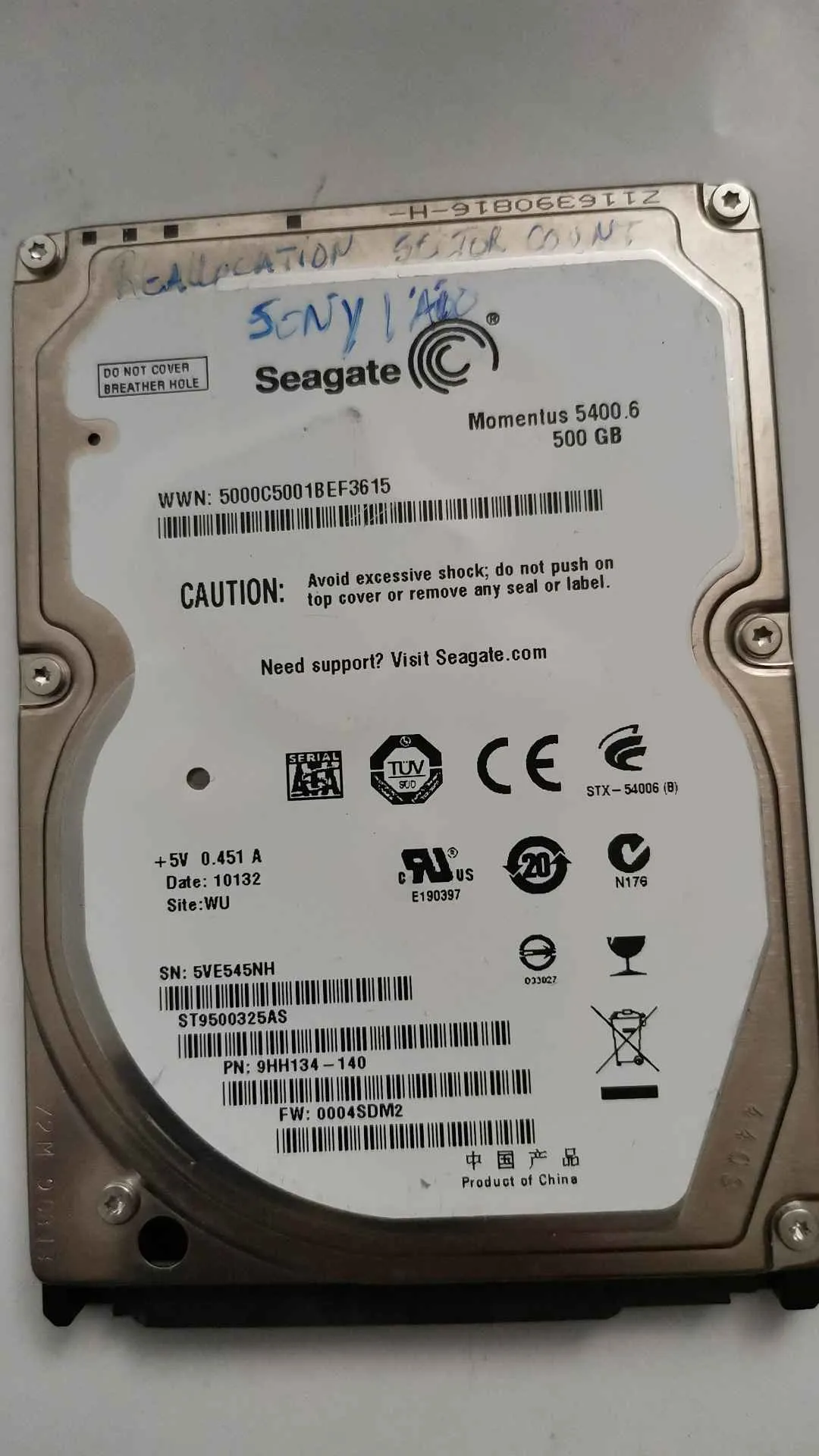 Seagate ST9500325AS S/N 5VE545NH