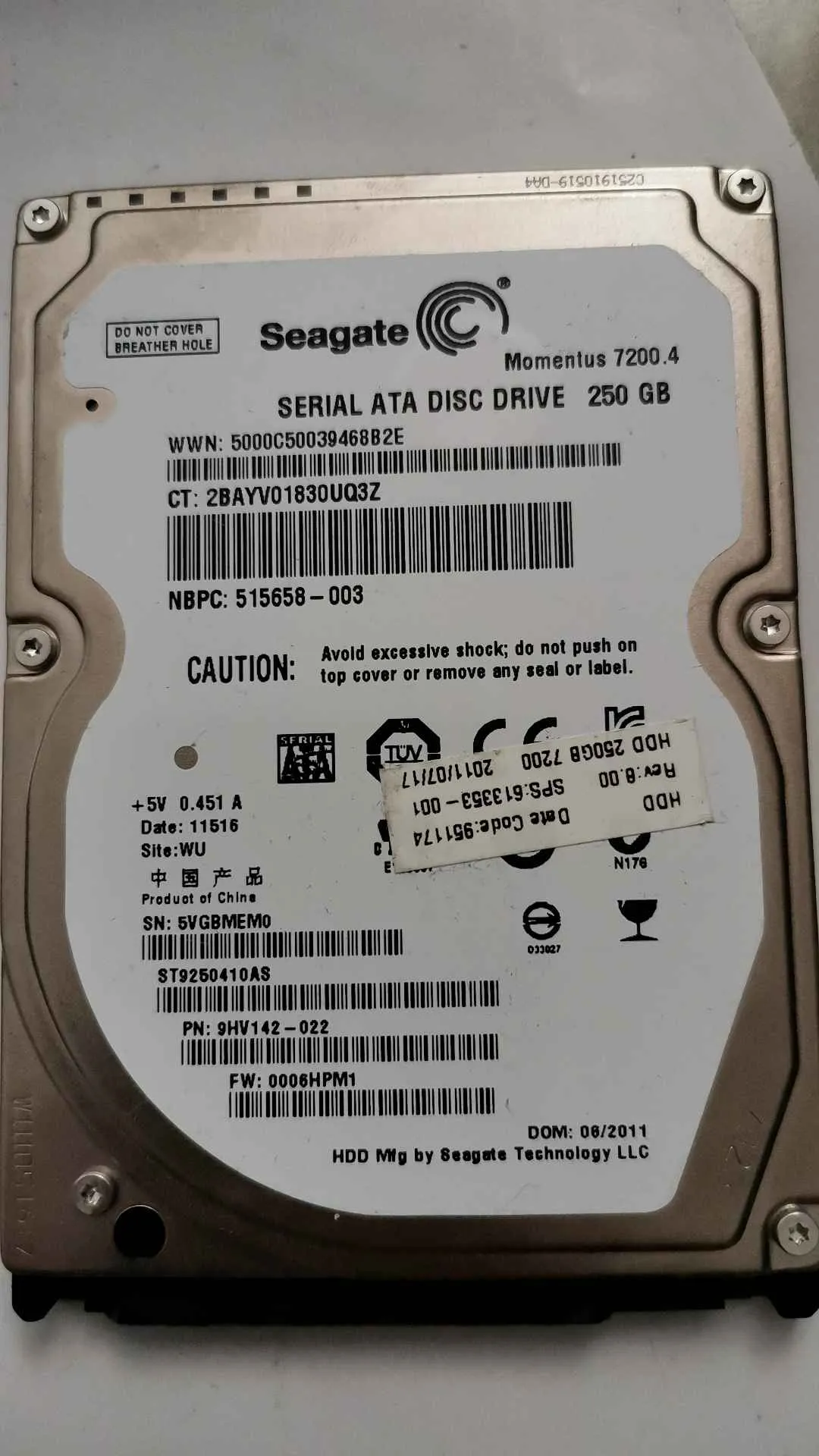 Seagate ST9250410AS S/N 5VGBMEM0