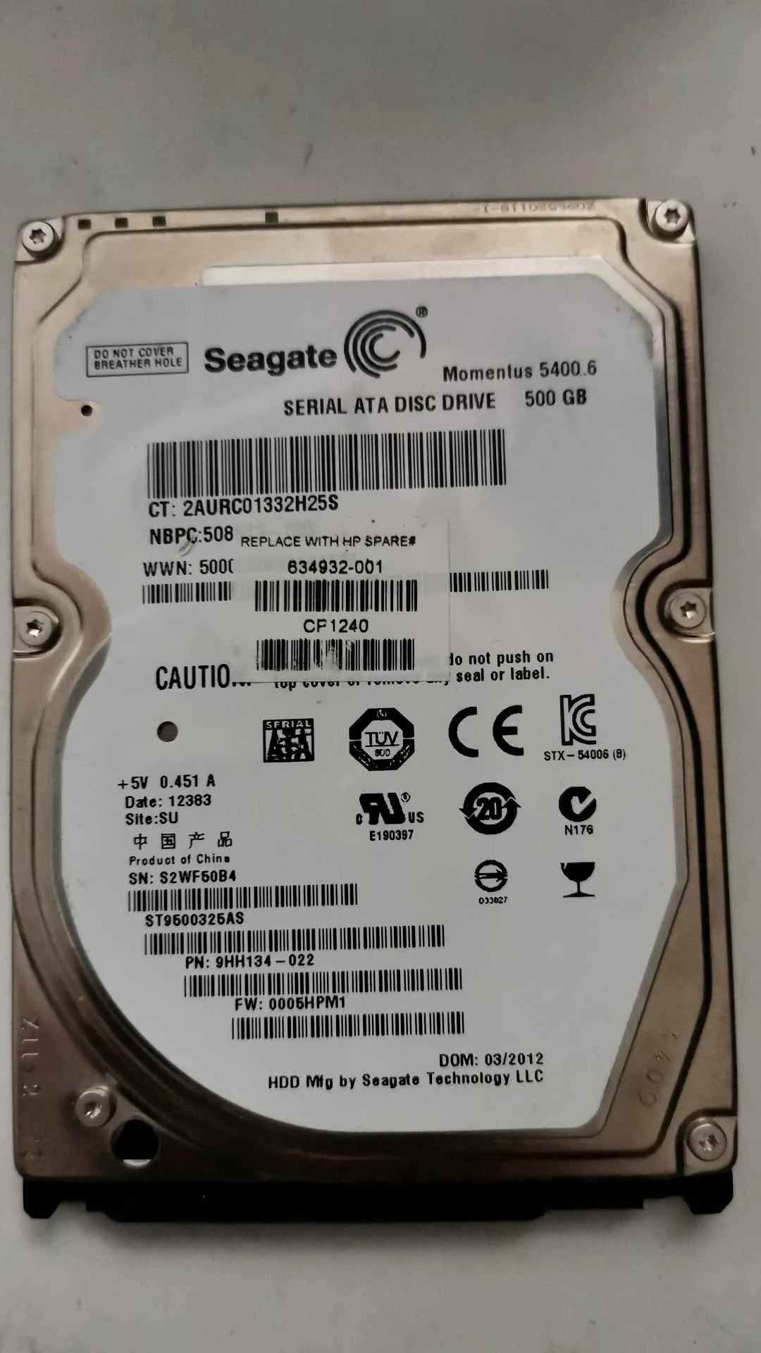 Seagate ST9500325AS S/N S2WF50B4