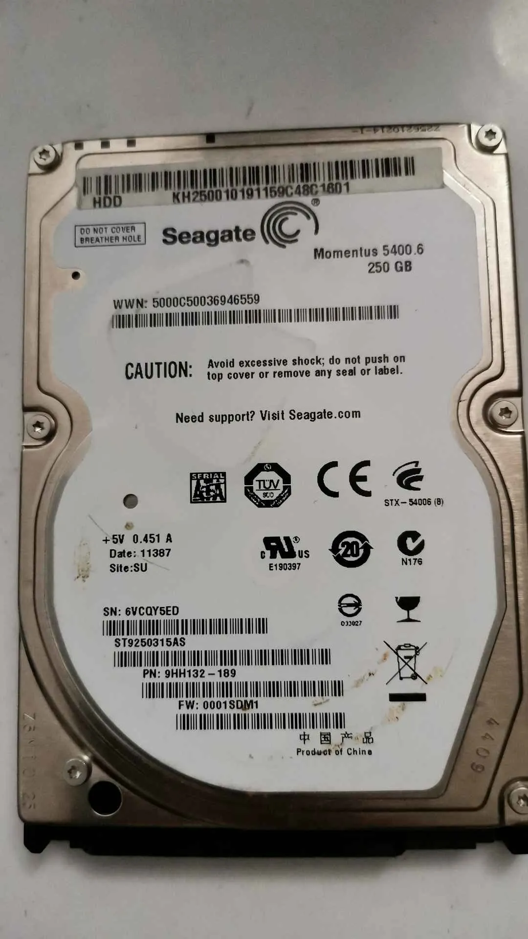 Seagate ST9250315AS S/N 6VCQY5ED