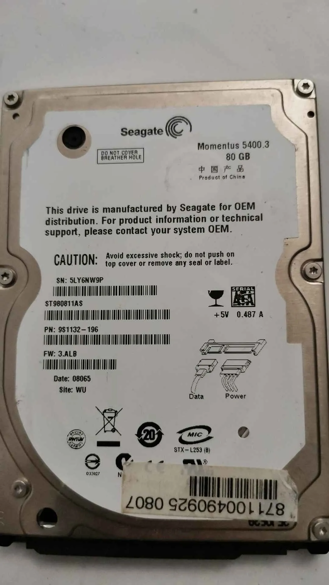 Seagate ST980811AS S/N 5LY6NW9P