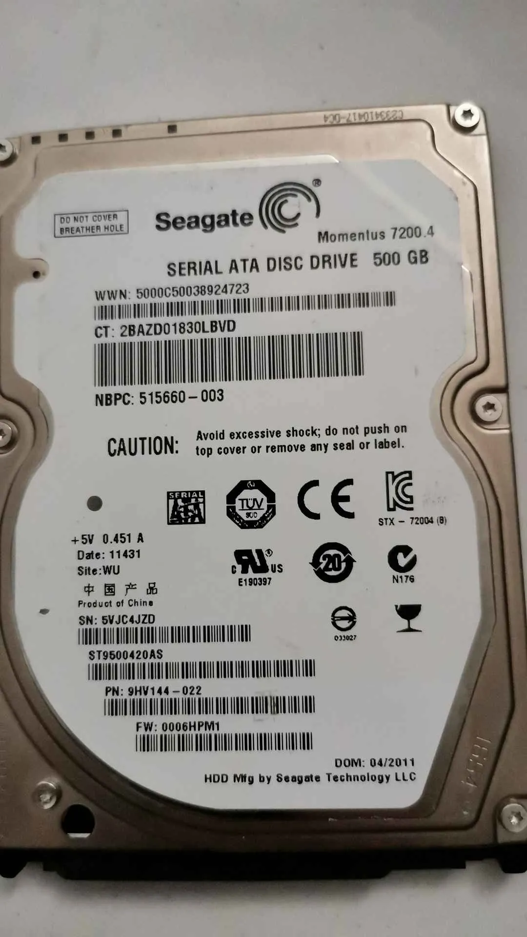 Seagate ST9500420AS S/N 5VJC4JZD